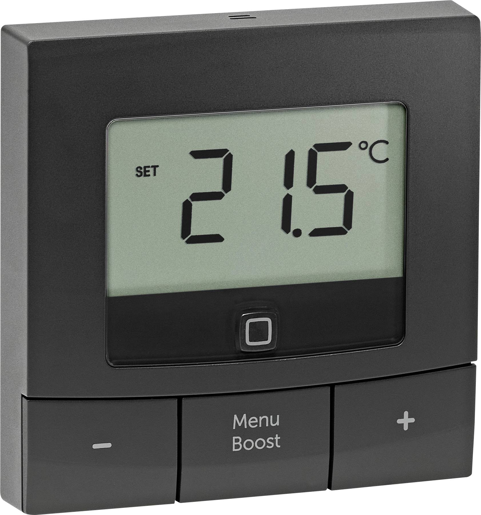 Un thermostat avec un écran affichant '21,5°C'. En dessous se trouvent des boutons 'Menu' et 'Boost'.