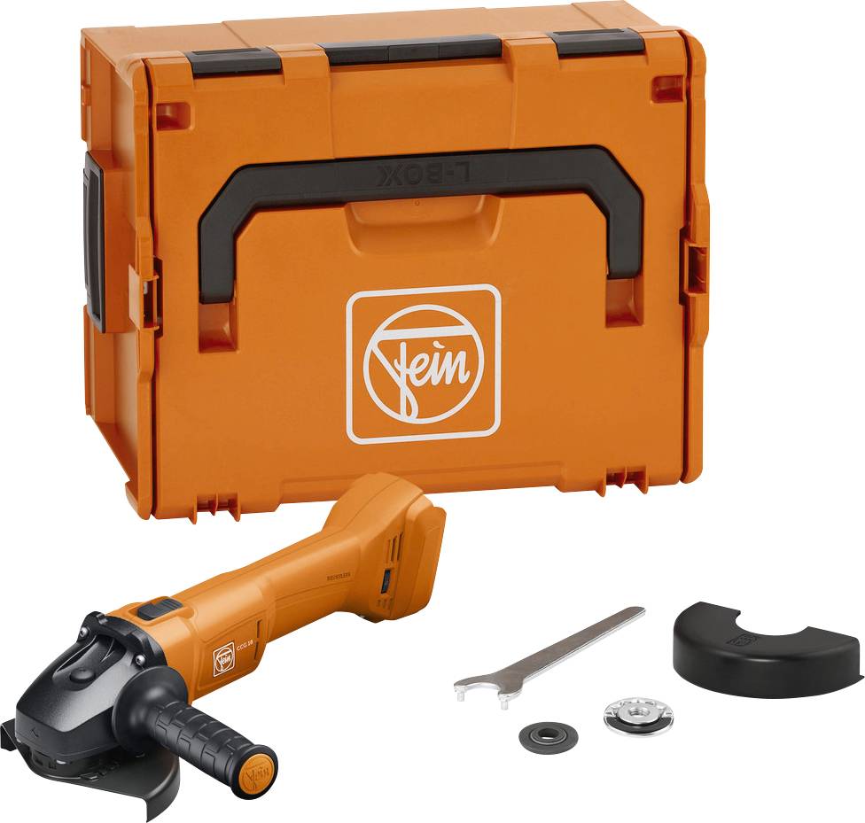 Une valise orange avec le logo Fein. Devant elle se trouve un meuleuse d'angle avec ses accessoires, dont un protège-meuleuse, une clé et un disque.