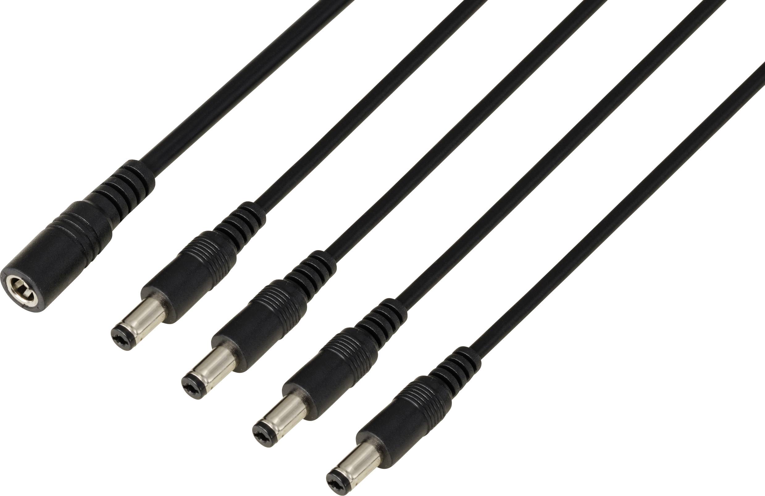 Cinq fiches DC noires avec une connexion femelle d'un côté et quatre connexions mâles de l'autre côté.