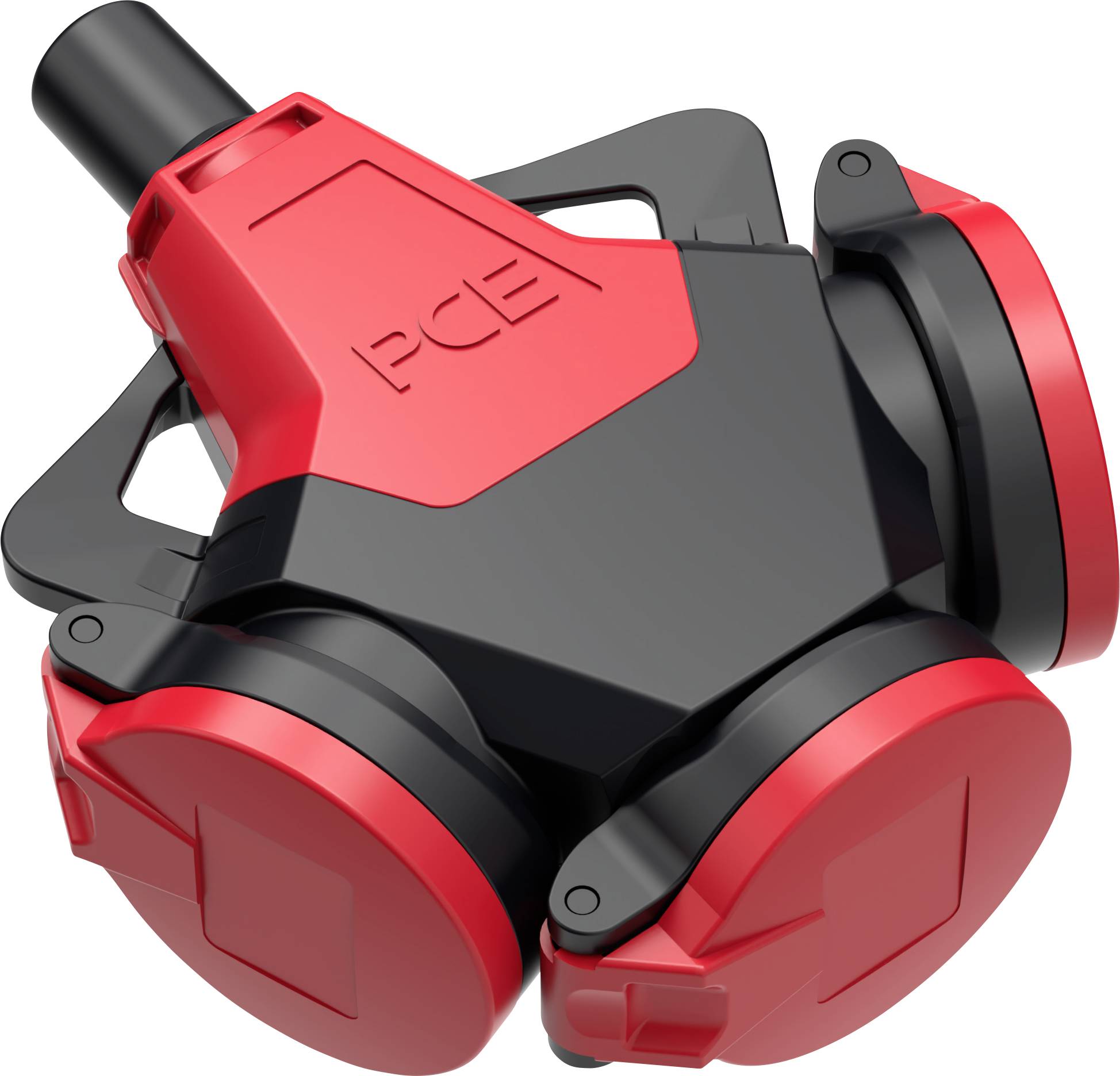 Un dispositif technique rouge et noir portant l'inscription 'PCE', vraisemblablement un accessoire d'outil électrique, en vue isométrique.