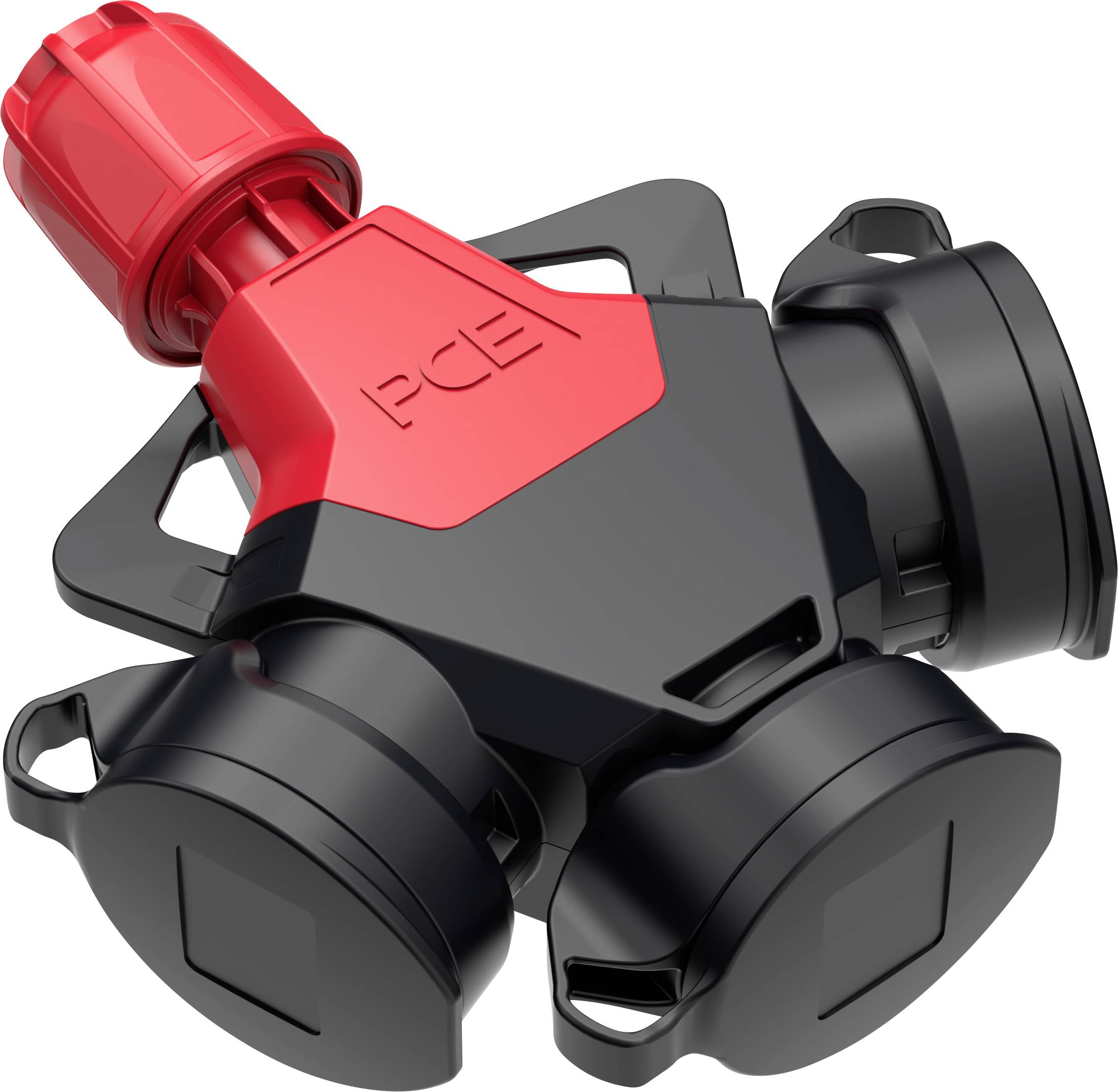 Une barrette multiprise noire et rouge avec trois emplacements, adaptée aux applications industrielles. La mention 'PCE' est gravée sur le dessus.