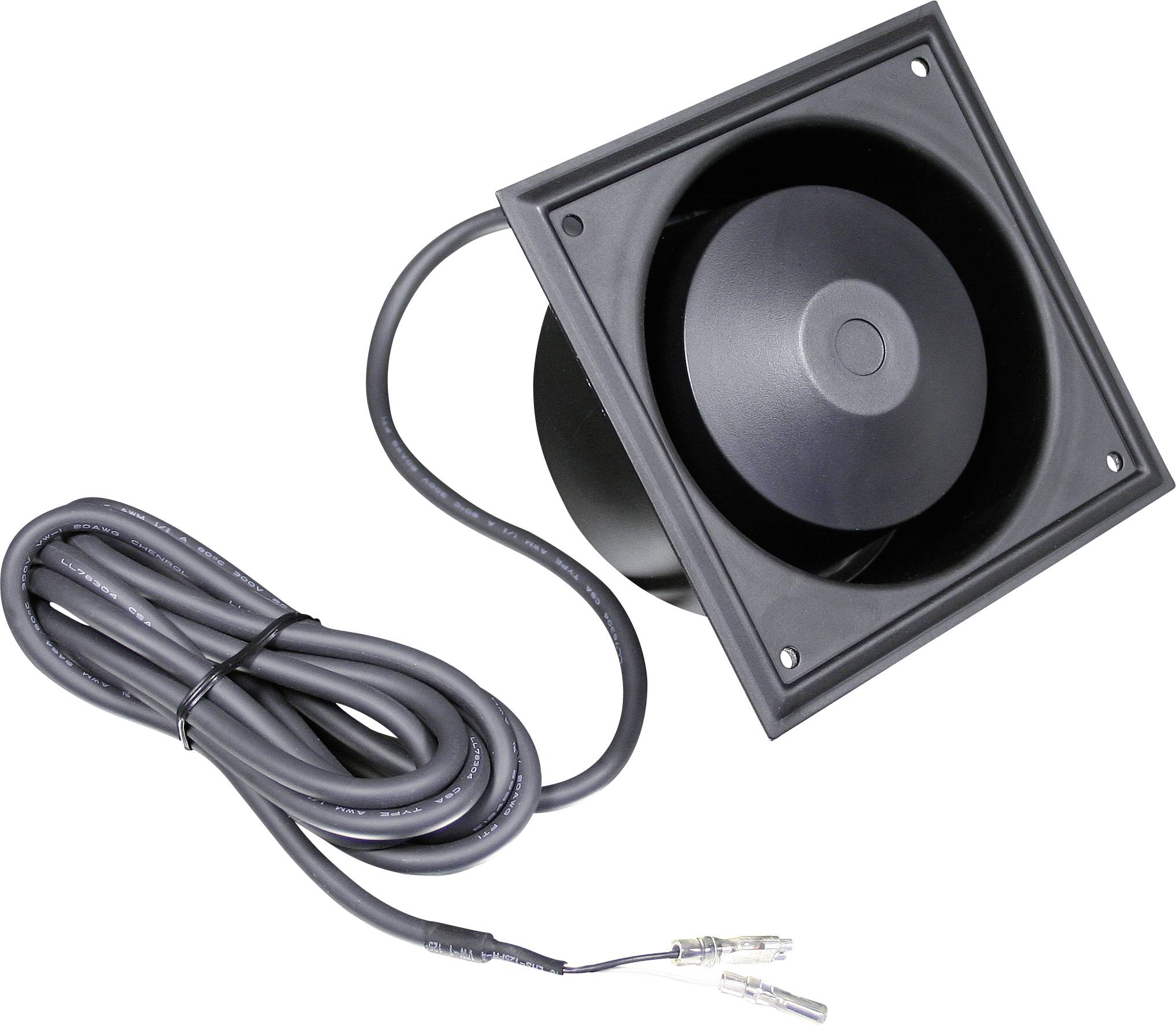 Un haut-parleur carré avec câble et connecteurs, adapté pour l'intégration dans des dispositifs techniques de sortie audio.
