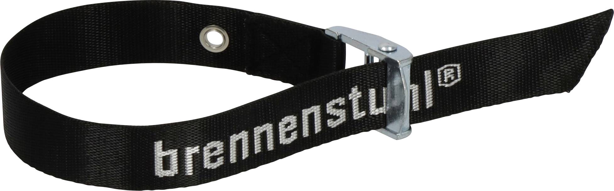 Ceinture en sangle tissée noire avec une boucle en métal argenté, marquée « brennendst... » en texte blanc.