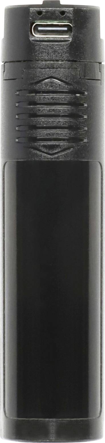 Clé USB noire avec une prise ergonomique rainurée et un capuchon connecteur en argent, présentée verticalement sur un fond blanc.
