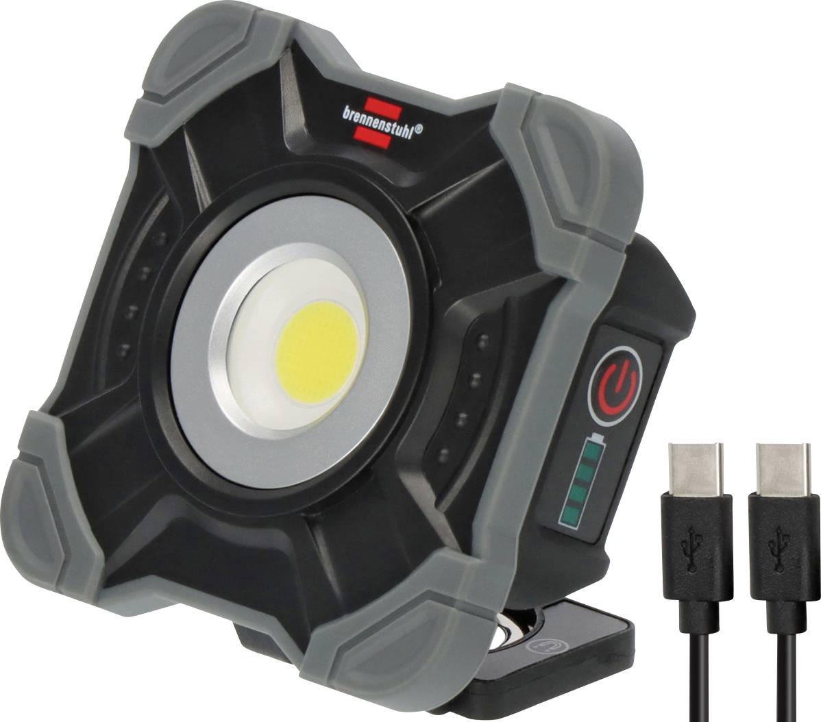 Lampe de travail portable avec LED intégrée, bouton d'alimentation, indicateur de batterie, support et deux câbles de charge USB-C.
