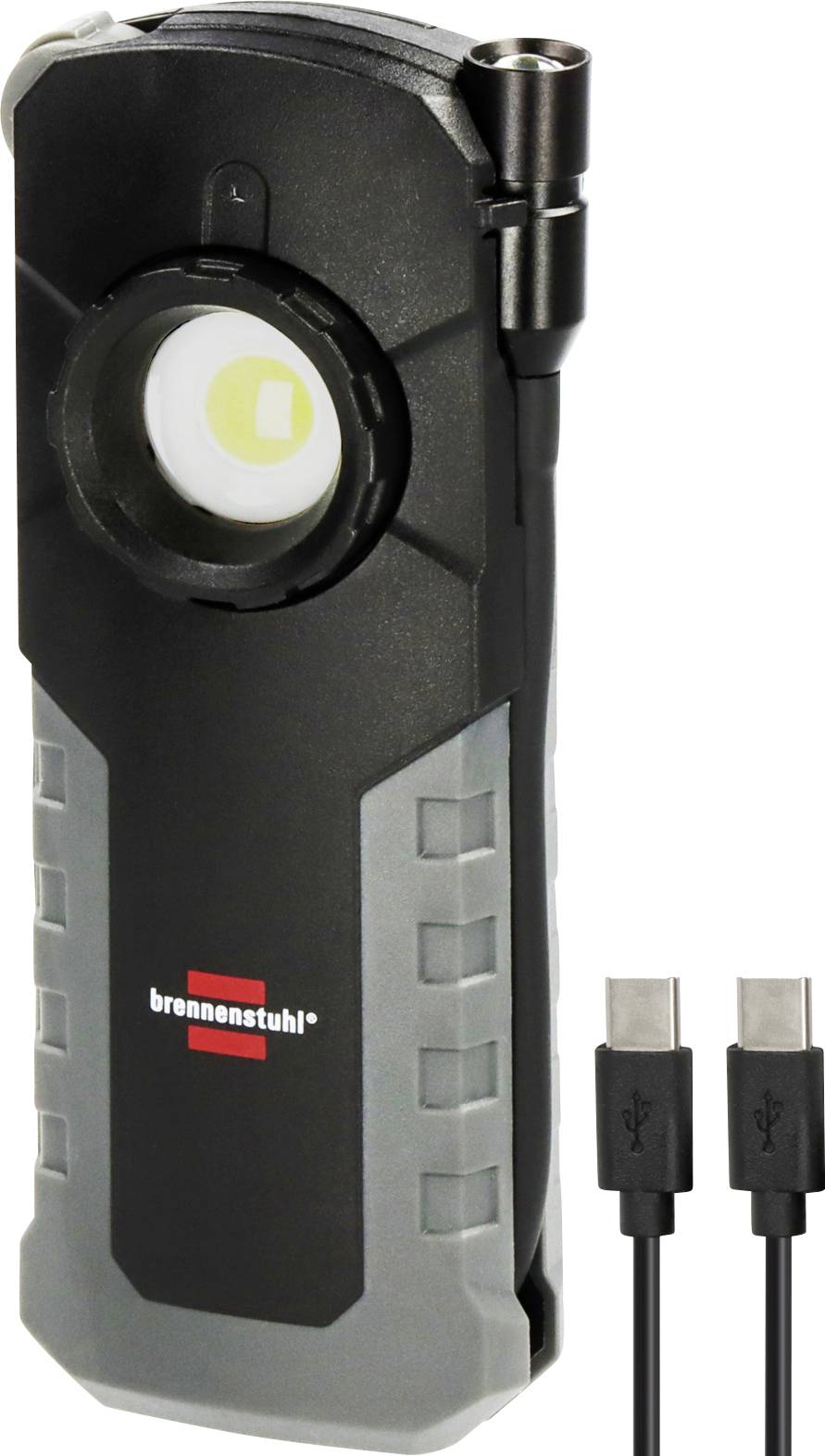 Lampe de travail LED portable noir et gris avec crochet de suspension et deux câbles USB affichés à côté
