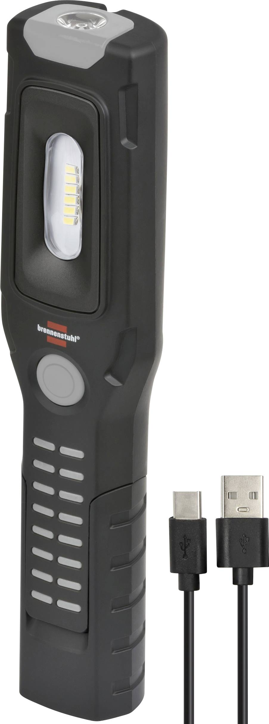Lampe de travail LED rechargeable noire avec lampe latérale, bouton d'alimentation, indicateur de batterie et câble de recharge USB montré à côté.