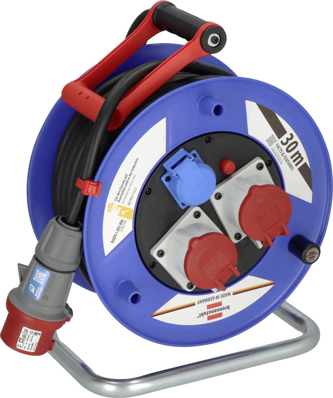 Bobine de câble industriel bleu sur un support métallique avec plusieurs prises de courant rouges et bleues et un câble noir enroulé.