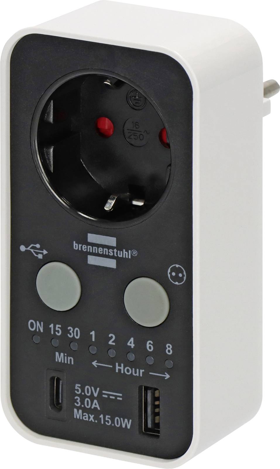 Minuteur enfichable blanc Brennenstuhl avec prise UK, deux boutons, contrôles minute/heure, et ports de recharge USB étiquetés 5.0V 3.0A Max.15.0W.