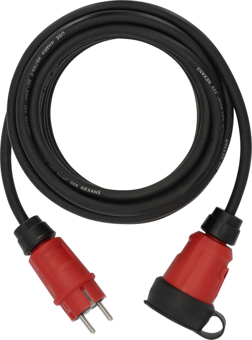 Câble d'alimentation enroulé noir avec des fiches industrielles rouges et un connecteur mâle à deux broches, présenté sur un fond blanc.