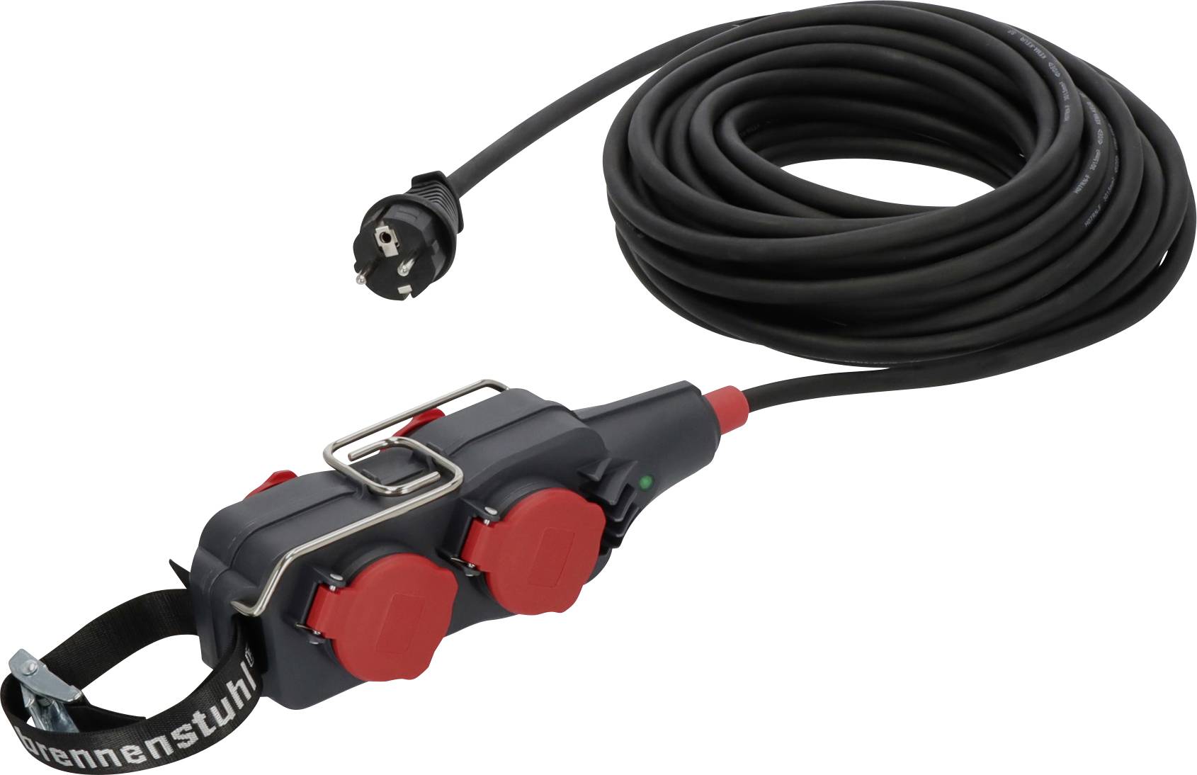 Câble d'alimentation noir enroulé avec un connecteur double prise robuste en ligne et sangle attachée, présenté sur un fond blanc.