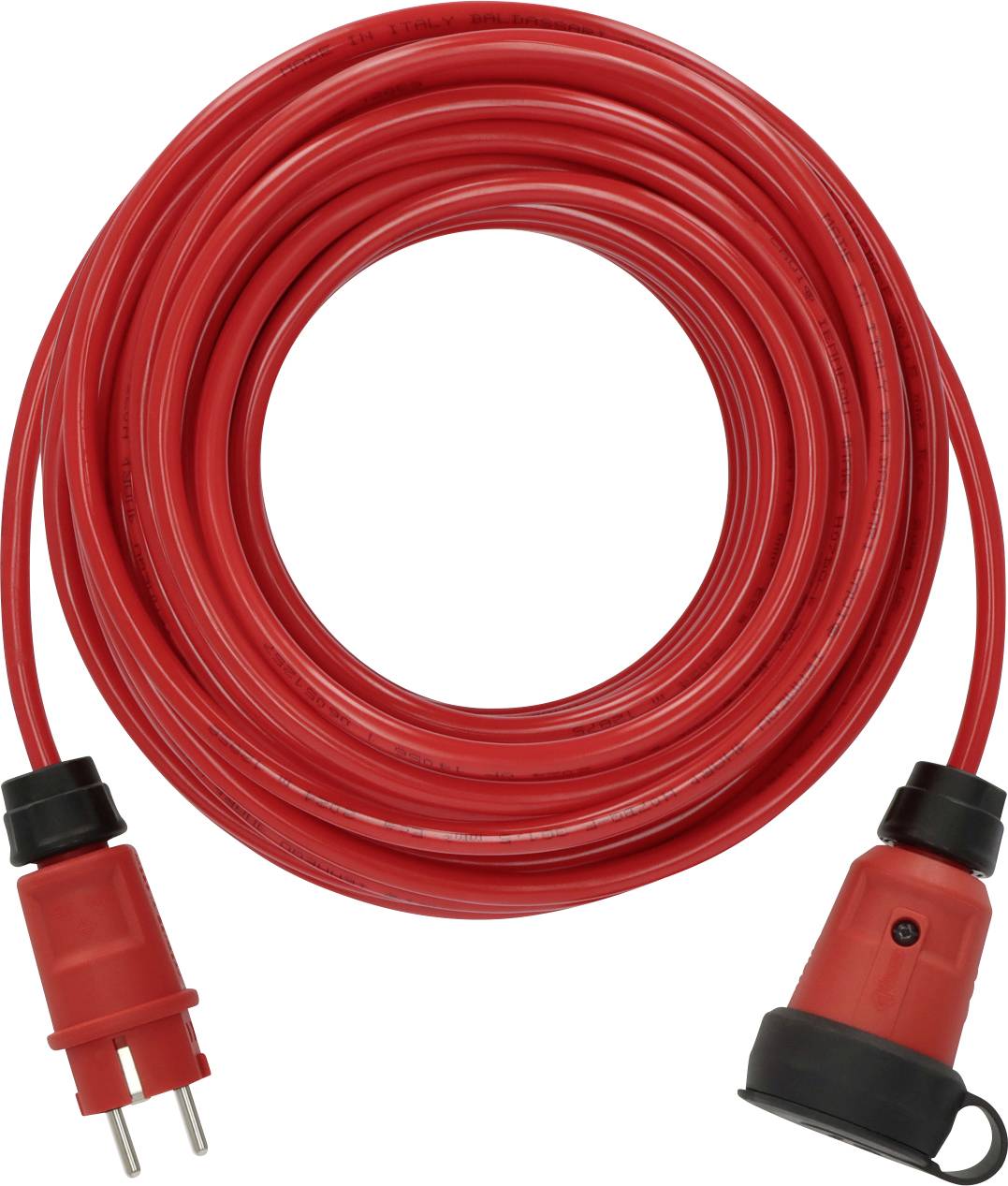 Rallonge rouge enroulée en boucle, avec une fiche bipolaire rouge à une extrémité et une prise rouge à l'autre extrémité.