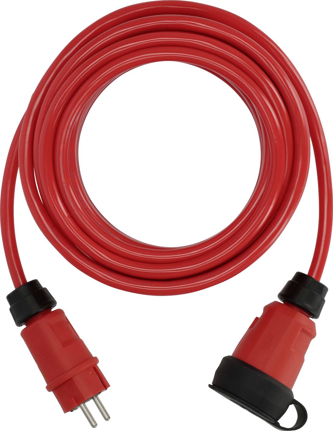 Cordon de rallonge électrique rouge avec câble enroulé et deux fiches rouge et noir sur un fond blanc.