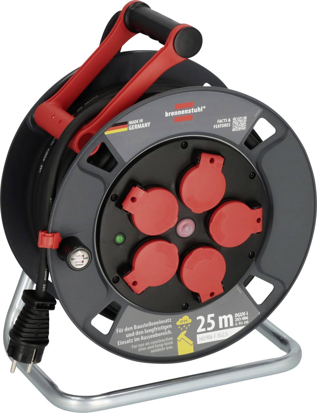 Dévidoir de câble portable avec cinq prises de courant rouges, câble de 25 m, poignée intégrée et pied pour utilisation en extérieur ou sur chantier.