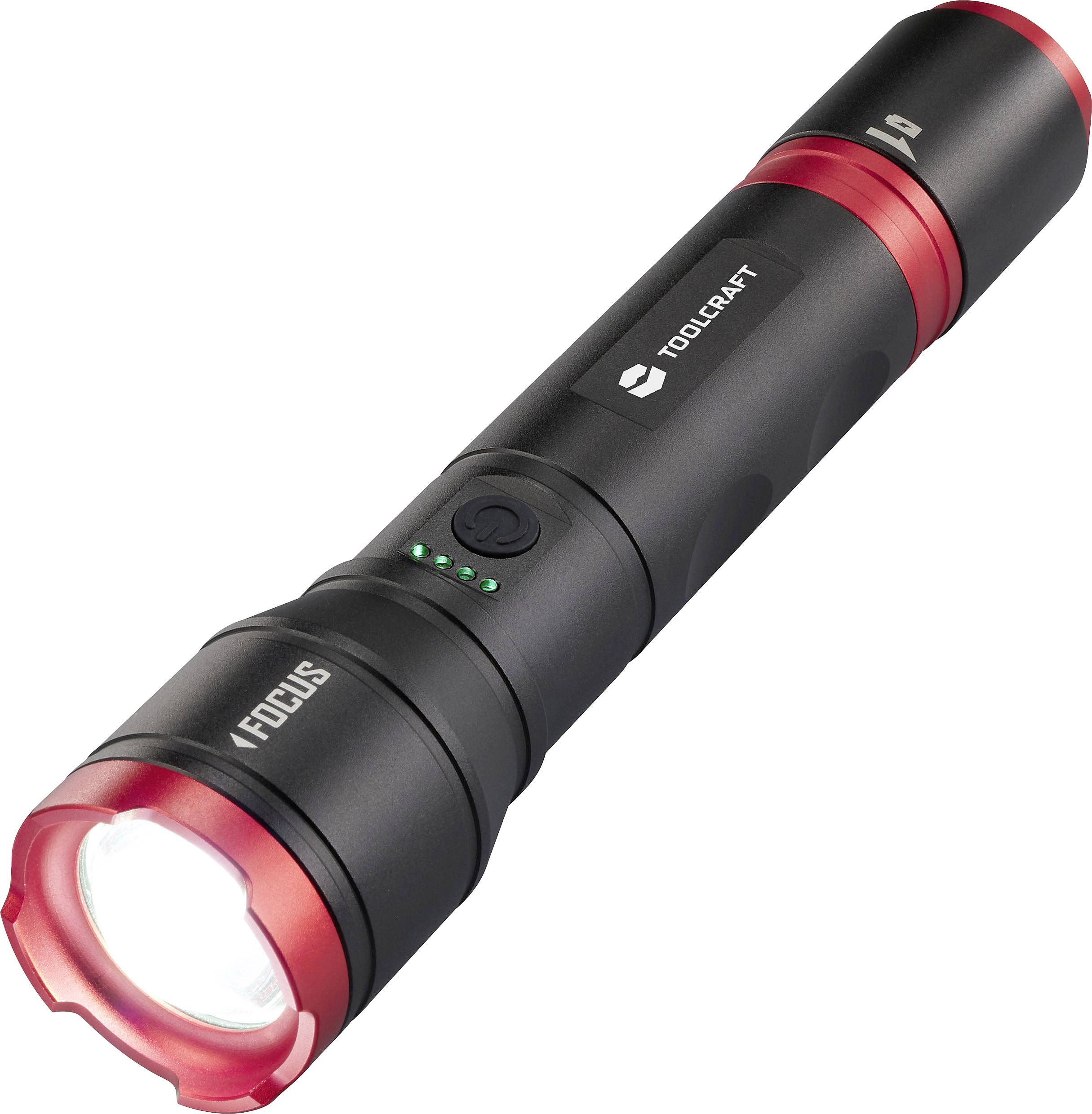 Lampe de poche noire avec bordure rouge, logo de marque sur la poignée. Éclairage LED et indicateur de niveau de batterie visibles.