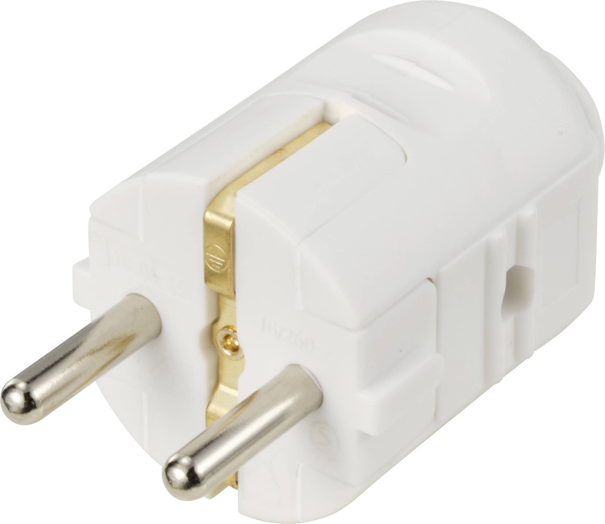 Une fiche électrique blanche européenne à deux broches métalliques, couramment utilisée pour les appareils électroménagers dans les pays européens.