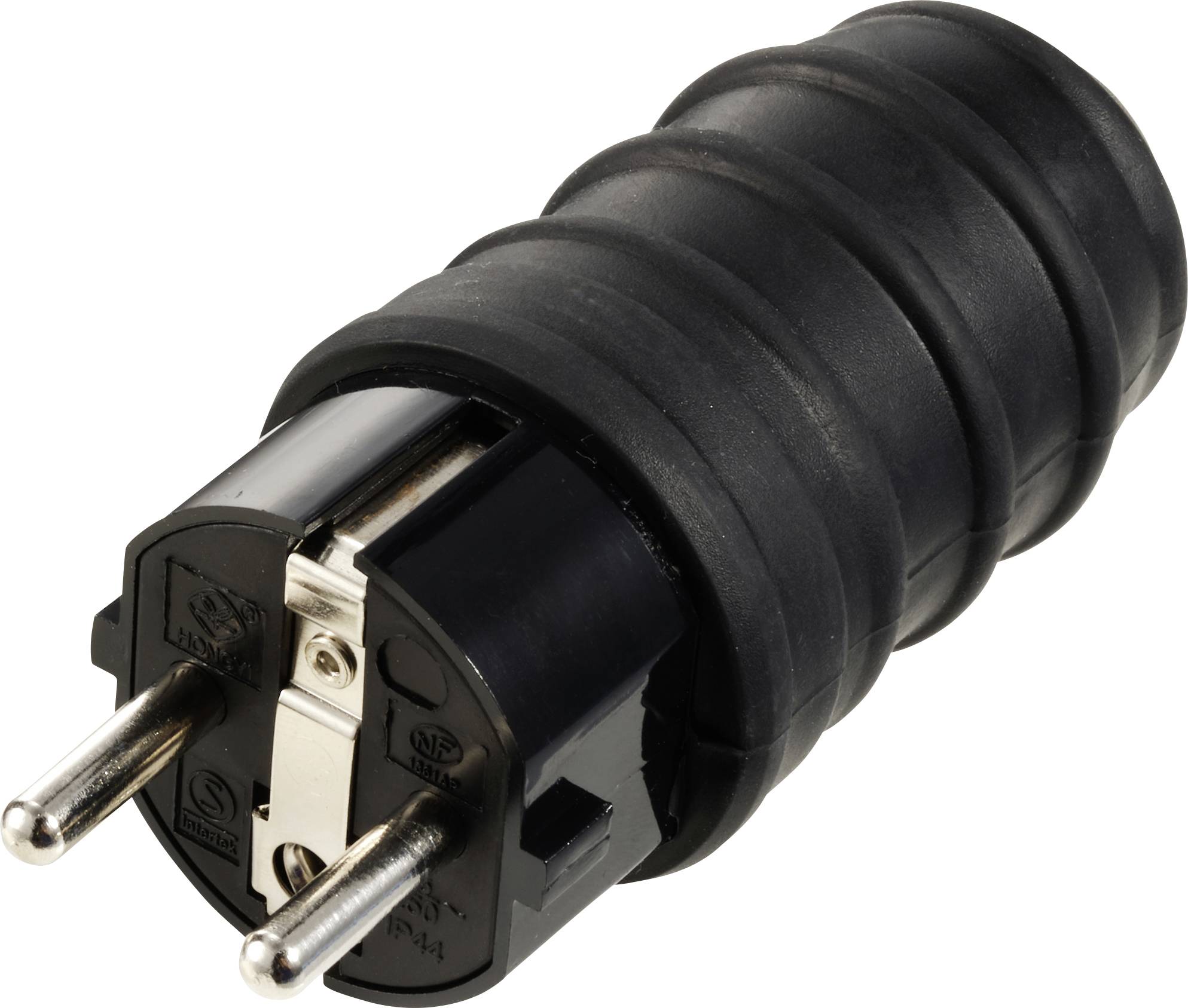 Adaptateur noir coudé pour l'UE avec deux broches métalliques, adapté aux appareils électriques.