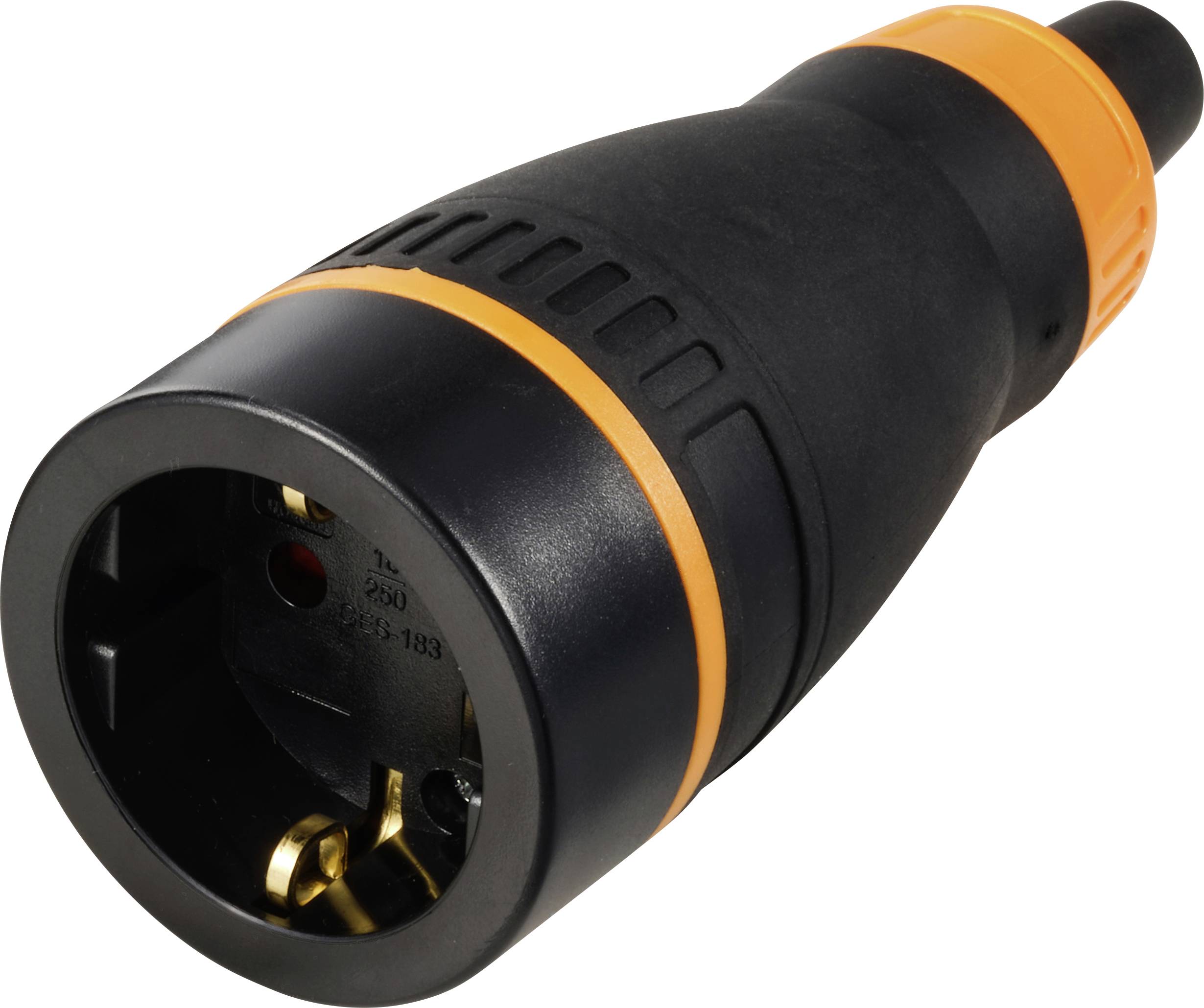 Adaptateur noir avec des détails orange, adapté pour connecter divers appareils électriques aux prises électriques européennes.