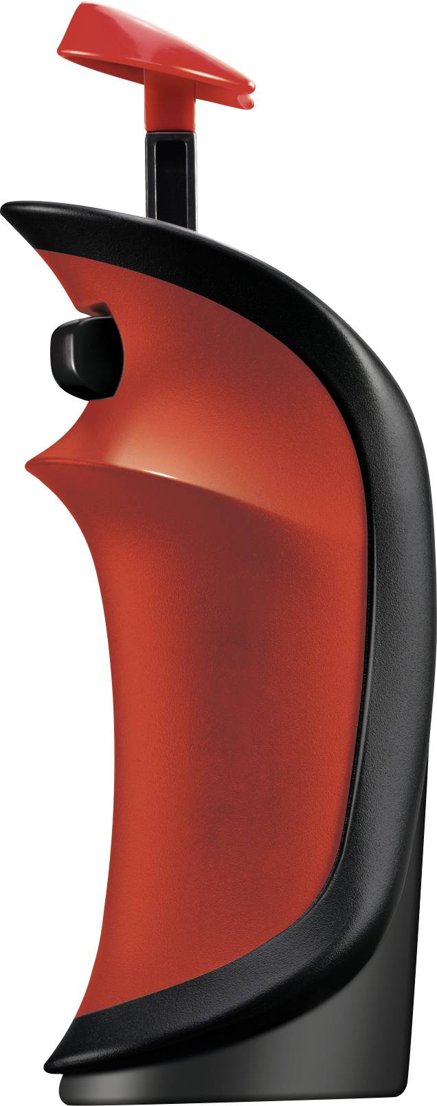 Un dispositif moderne, rouge et noir avec un bouton-poussoir, probablement un détonateur électronique ou manuel.