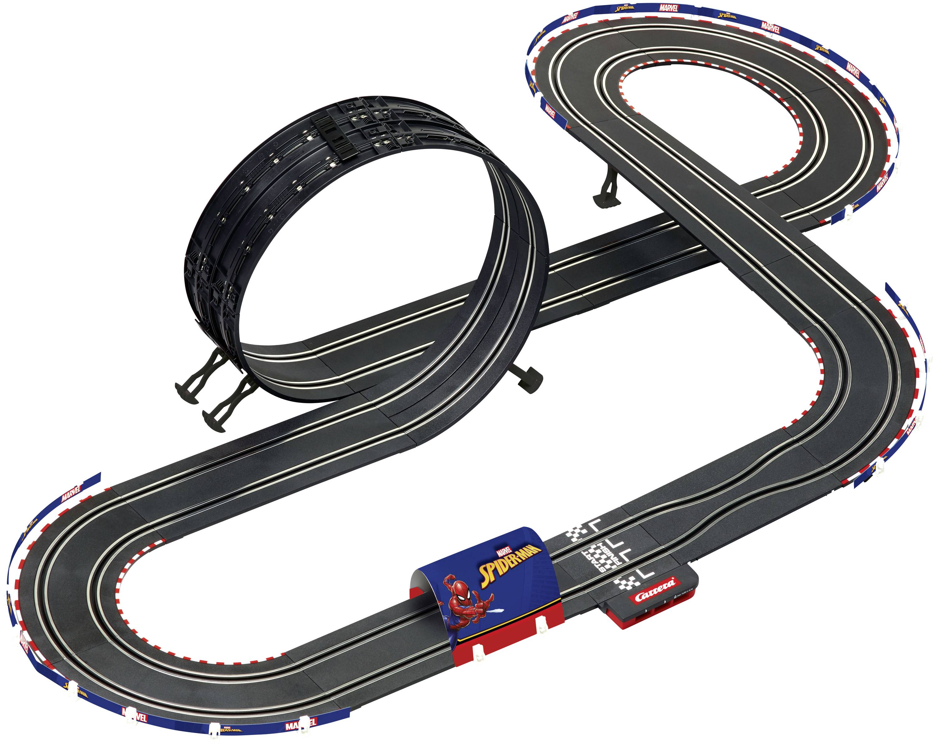 Circuit de voitures de course miniature avec loop, lignes droites et virages sur un revêtement noir, décoré avec des motifs Spider-Man.