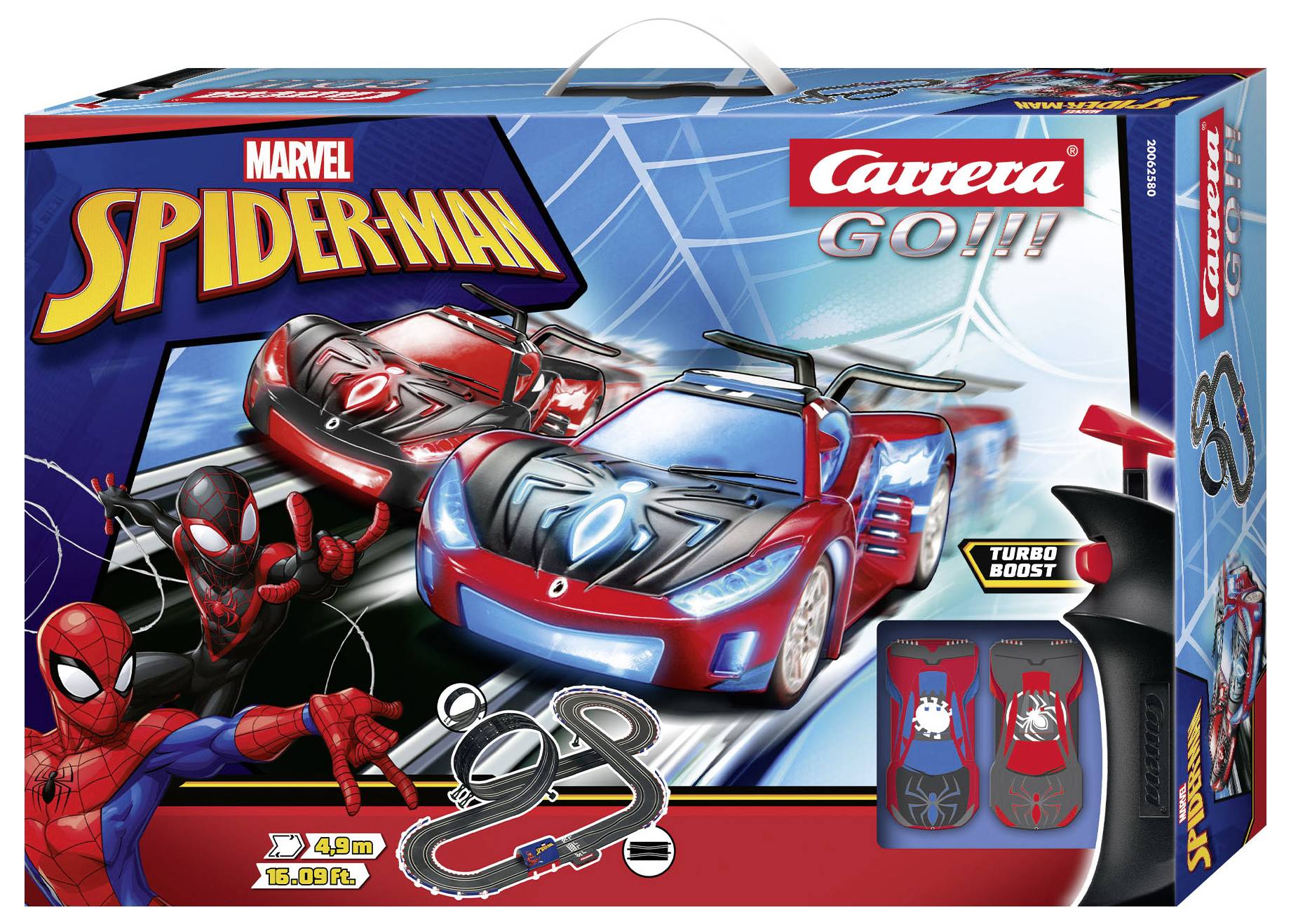 Coffret de circuit de course avec design 'Spider-Man' et 'Venom'. Présente deux voitures de course et le tracé du circuit. Comprend une fonction Turbo Boost.