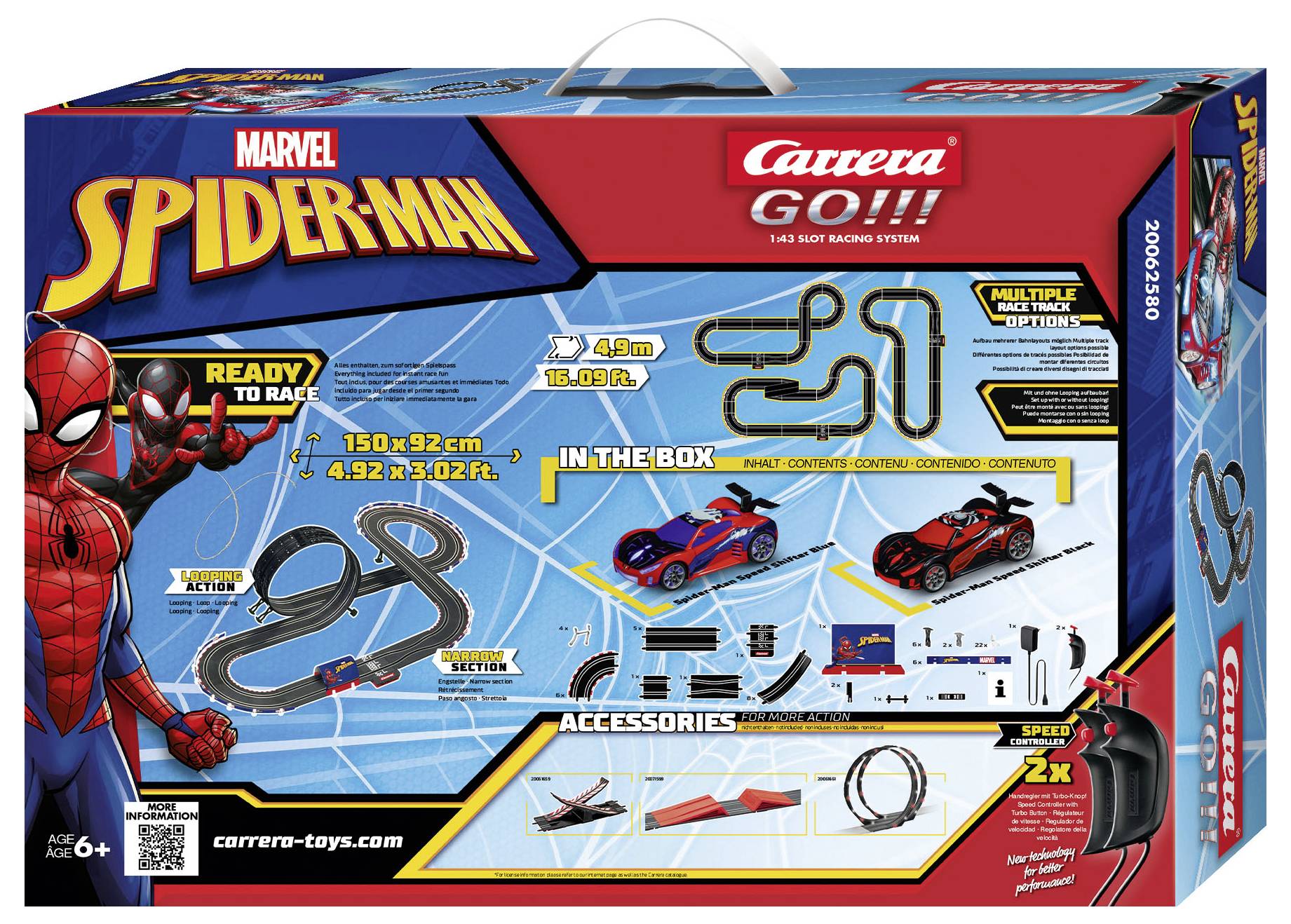 Circuit de voitures jouet sur le thème de Spider-Man. Comprend deux voitures, des segments de piste et des accessoires. Convient aux enfants à partir de 6 ans.