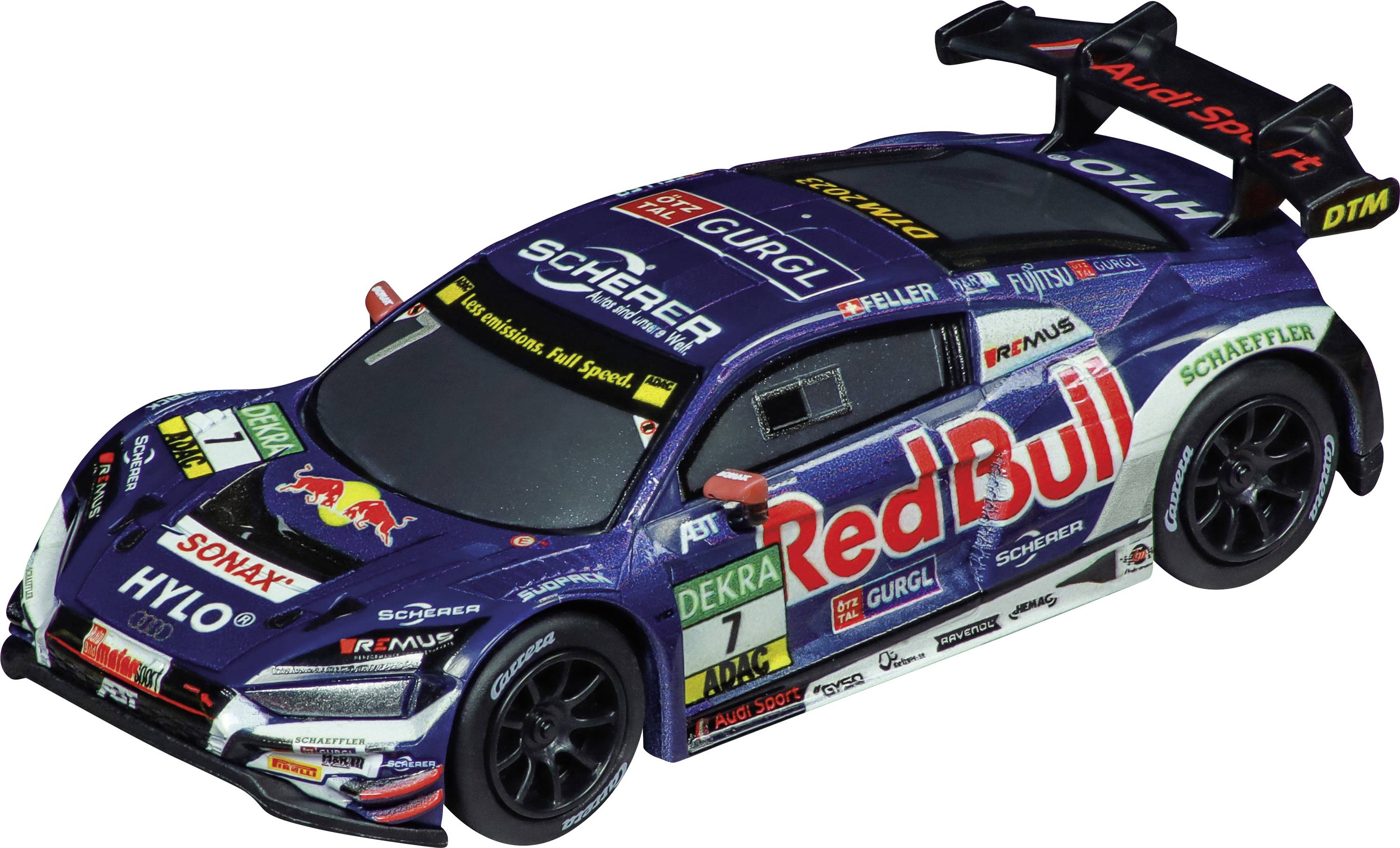 Une voiture miniature au design d'une voiture de course arborant la publicité Red Bull et divers logos de sponsors. Elle est peinte dans un coloris bleu et rouge.
