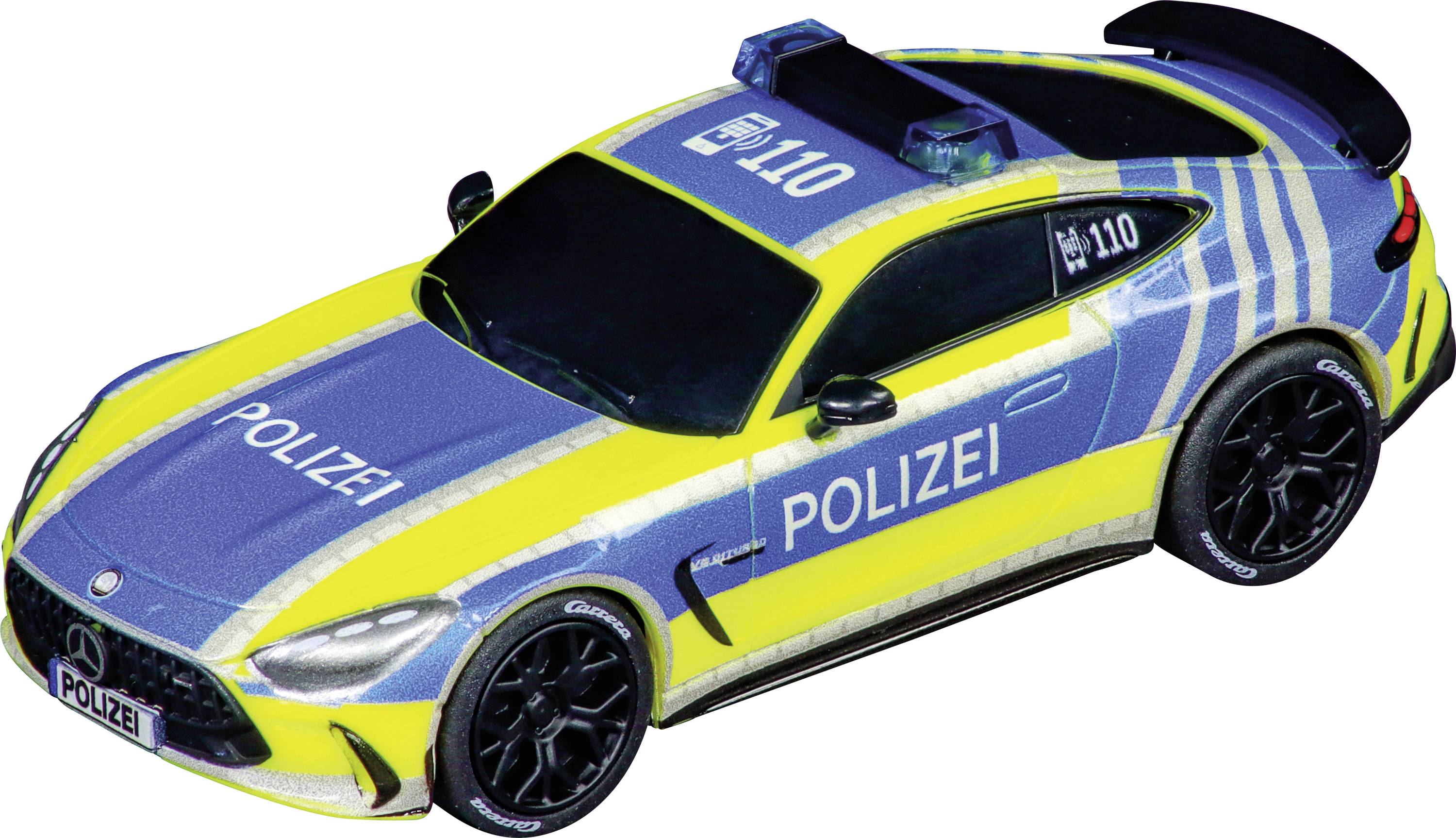 Un modèle de jouet d'une voiture de police allemande avec des bandes jaunes et bleues vives et l'inscription 'POLIZEI'.