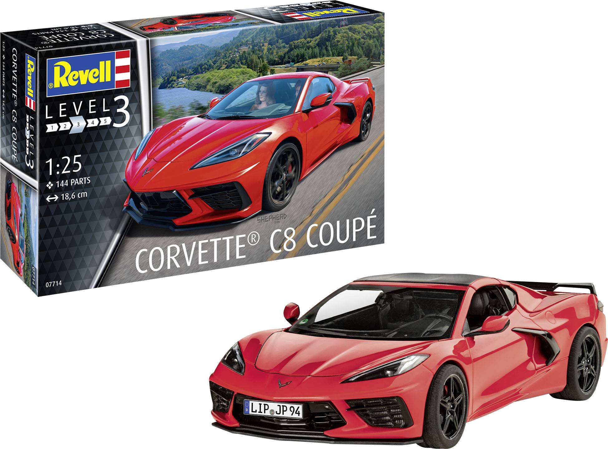 Kit de montage de la 'Corvette C8 Coupé' par Revell, échelle 1:25, avec image de la Corvette rouge sur l'emballage et en tant que modèle assemblé.