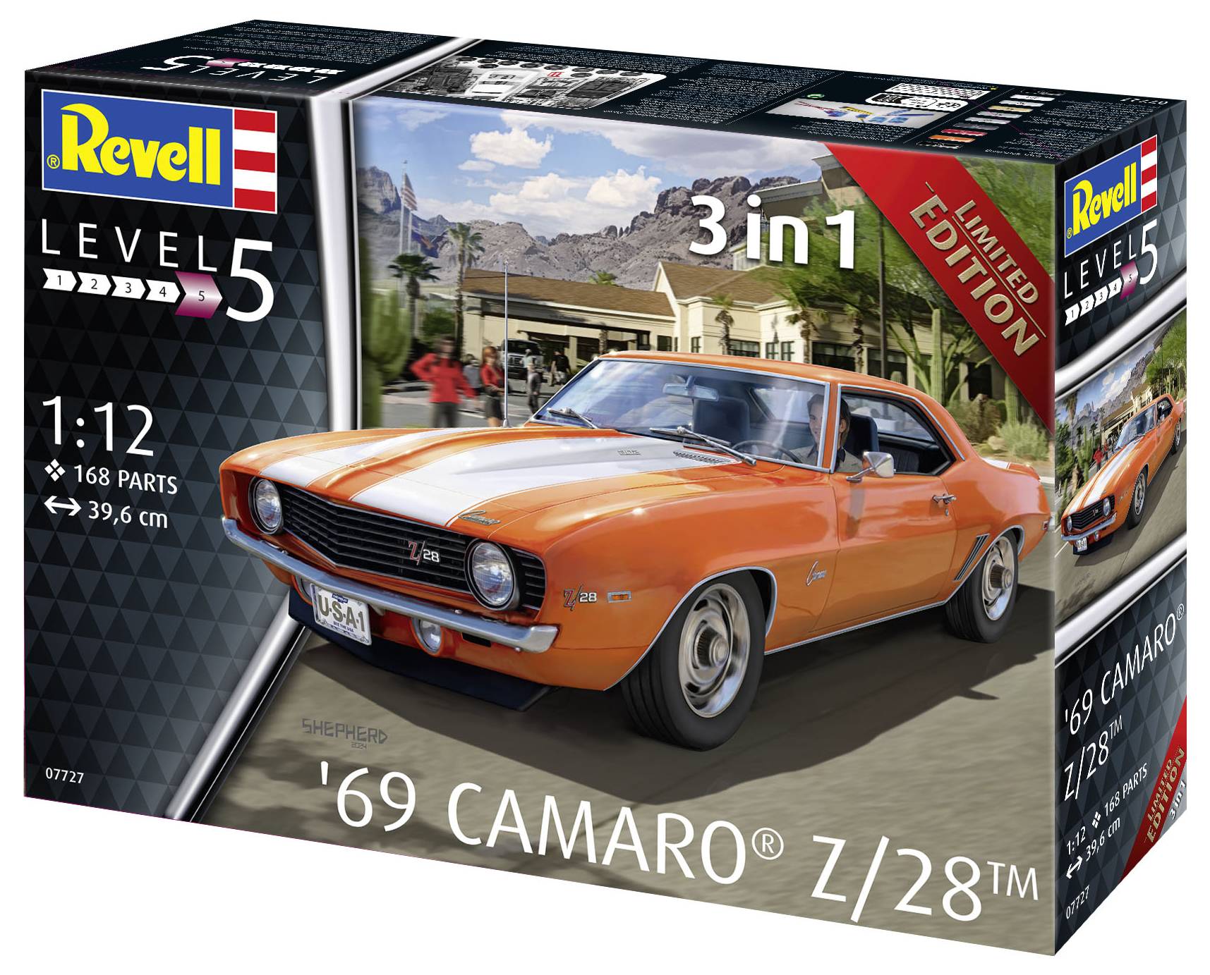 Kit de '69 Camaro Z/28', échelle 1:12, 168 pièces. Voiture de sport orange sur fond de montagnes, partie de l'édition limitée.