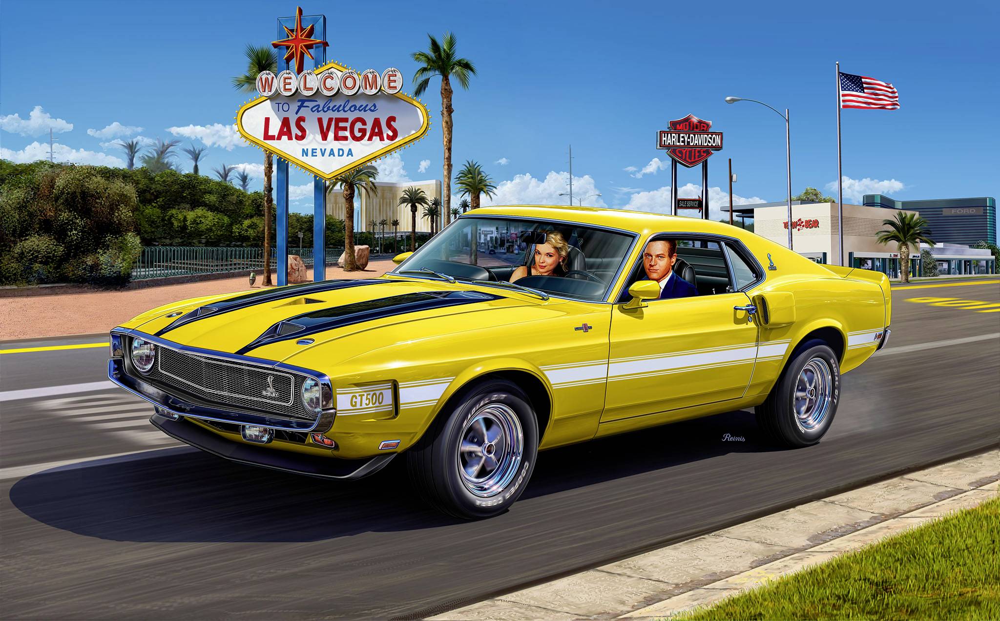 Une voiture jaune avec deux occupants roule sur une route à Las Vegas. En arrière-plan, on peut voir le panneau 'Welcome to Fabulous Las Vegas'.