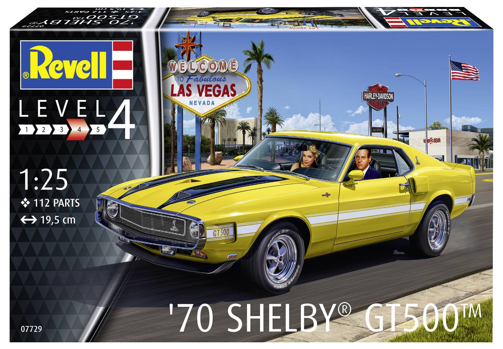 Construisez un modèle de Shelby GT500 de 1970. Voiture jaune avec des bandes noires. Arrière-plan avec le décor de Las Vegas. Échelle 1:25.