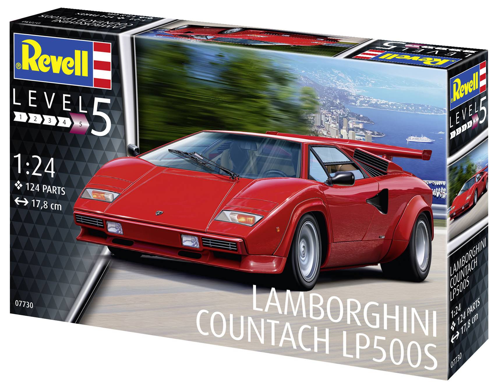 Kit de construction d'une Lamborghini Countach LP500S rouge à l'échelle 1:24. L'emballage présente le modèle réduit de voiture avec un arrière-plan de ville et de côte.