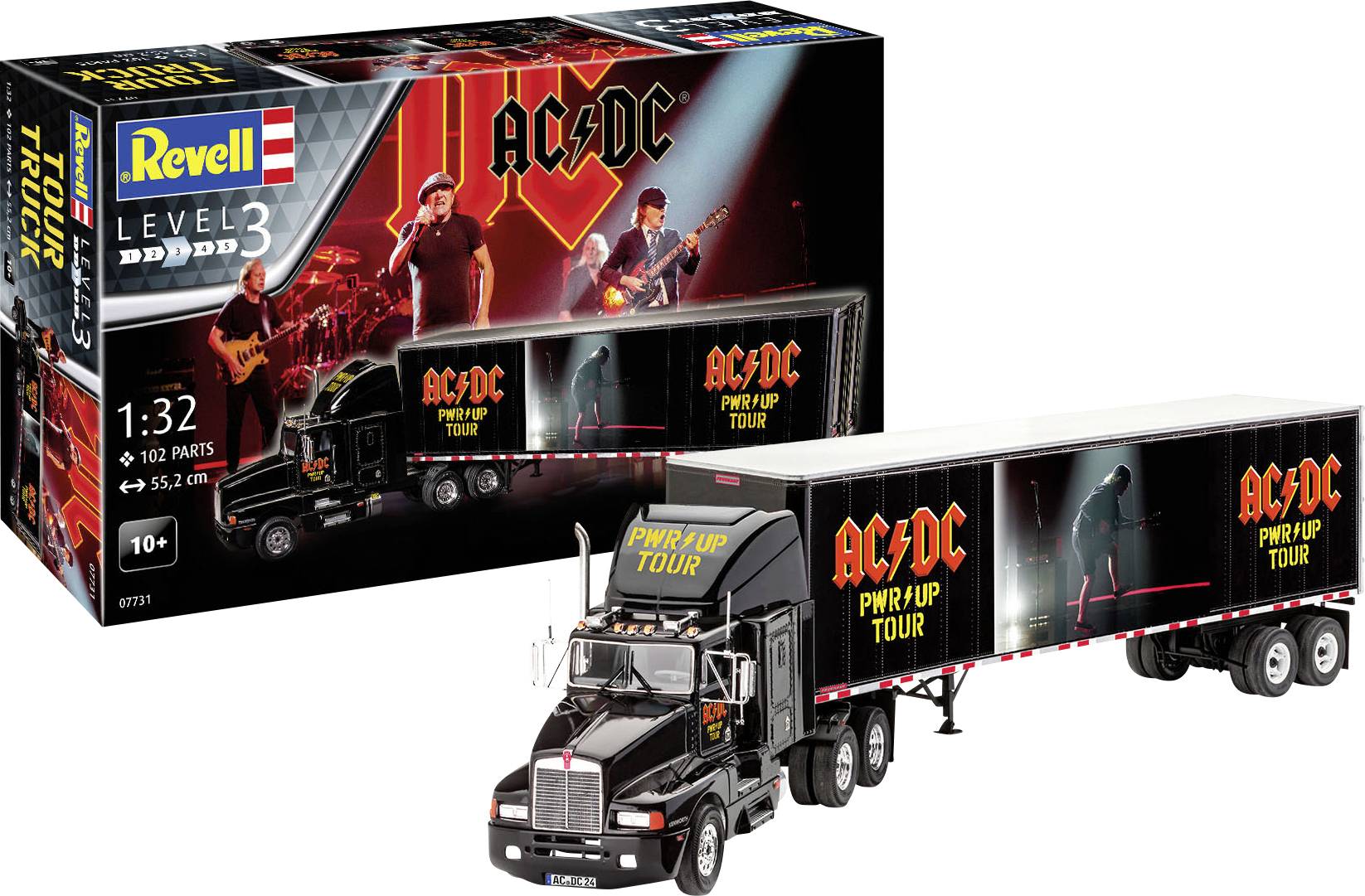 Maquette d'un camion noir à l'échelle 1:32, décoré avec les graphismes de la 'Tournée AC/DC PWRƎUP'. L'emballage présente une image du groupe. À partir de 10 ans.