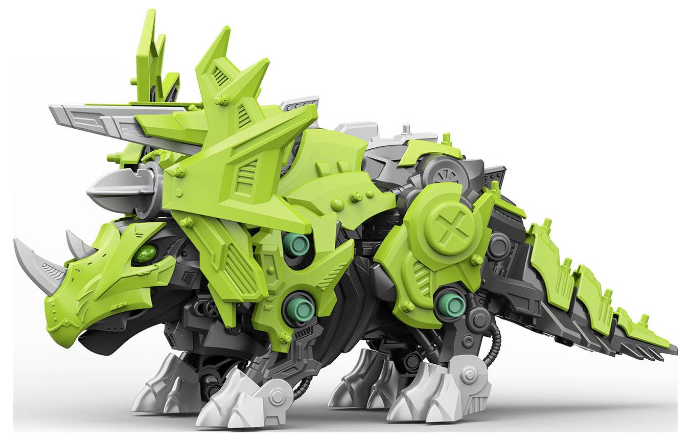 Robot-dinosaure gris-vert avec des cornes et des détails mécaniques, présentant un design et une technologie futuristes.