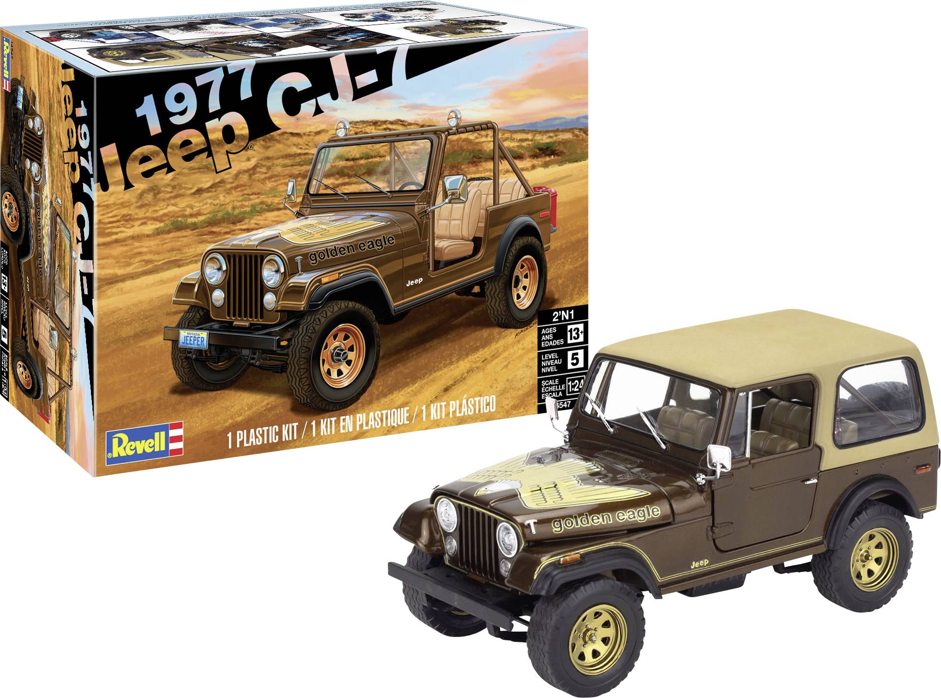 Kit de maquette d'un Jeep CJ-7 de 1977 par Revell. L'emballage présente le modèle assemblé dans un environnement extérieur. Pièces en plastique à l'échelle.