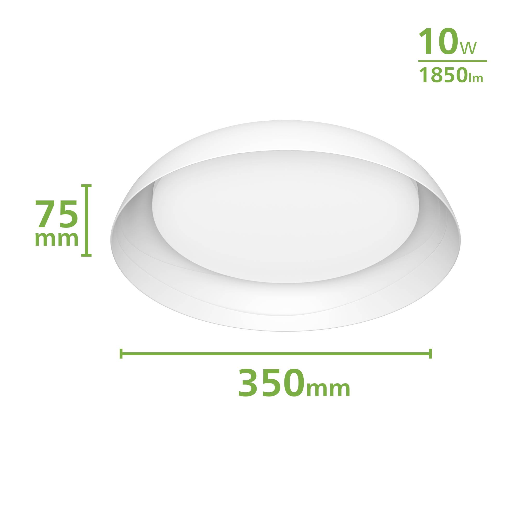 Plafonnier LED rond de 350 mm de diamètre et de 75 mm de hauteur, éclairant avec 10W et 1850 lumens.