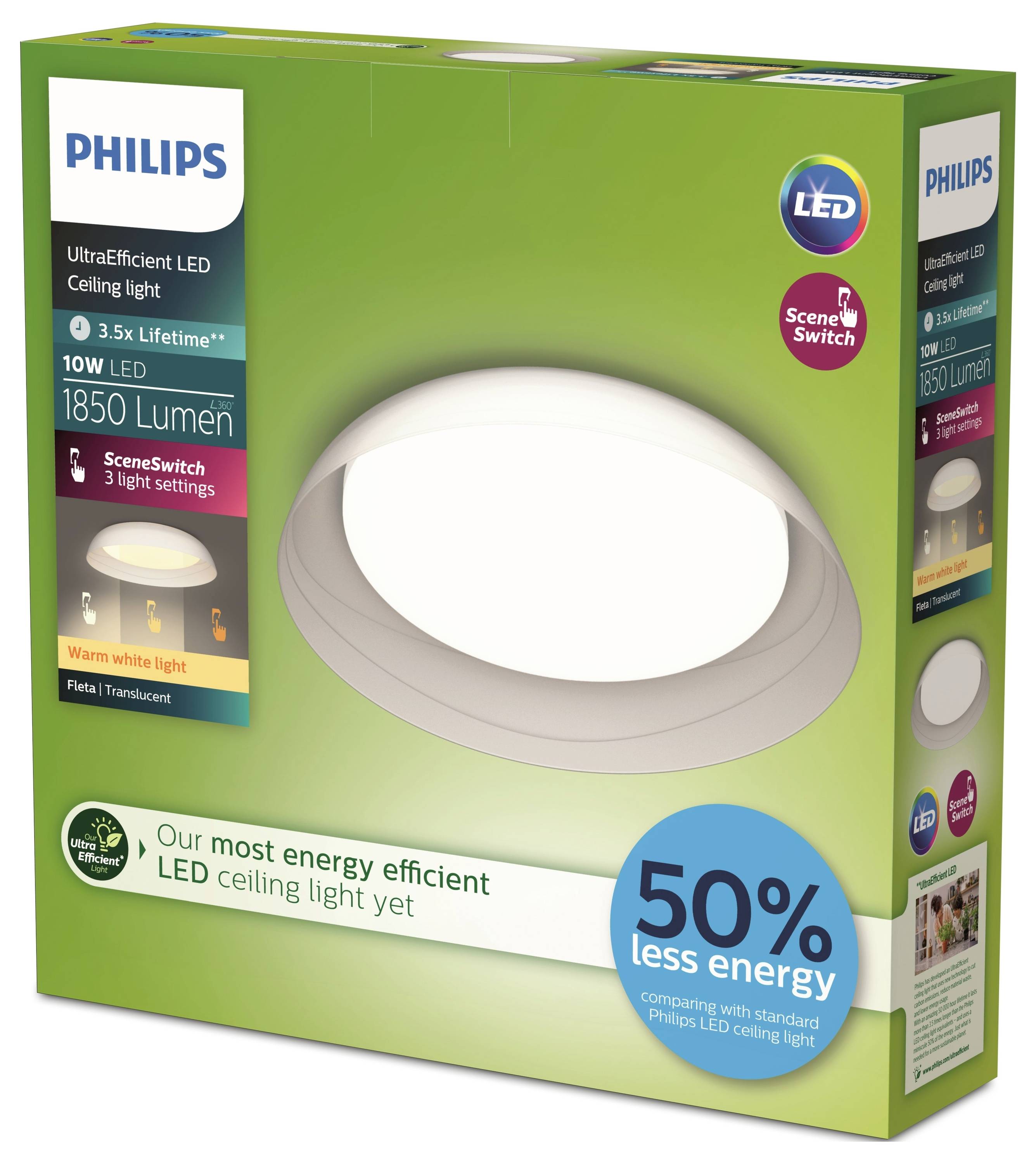 Plafonnier LED Philips, 1850 lumens, trois ambiances lumineuses, 50 % de consommation d'énergie en moins, durable, lumière blanc chaud.