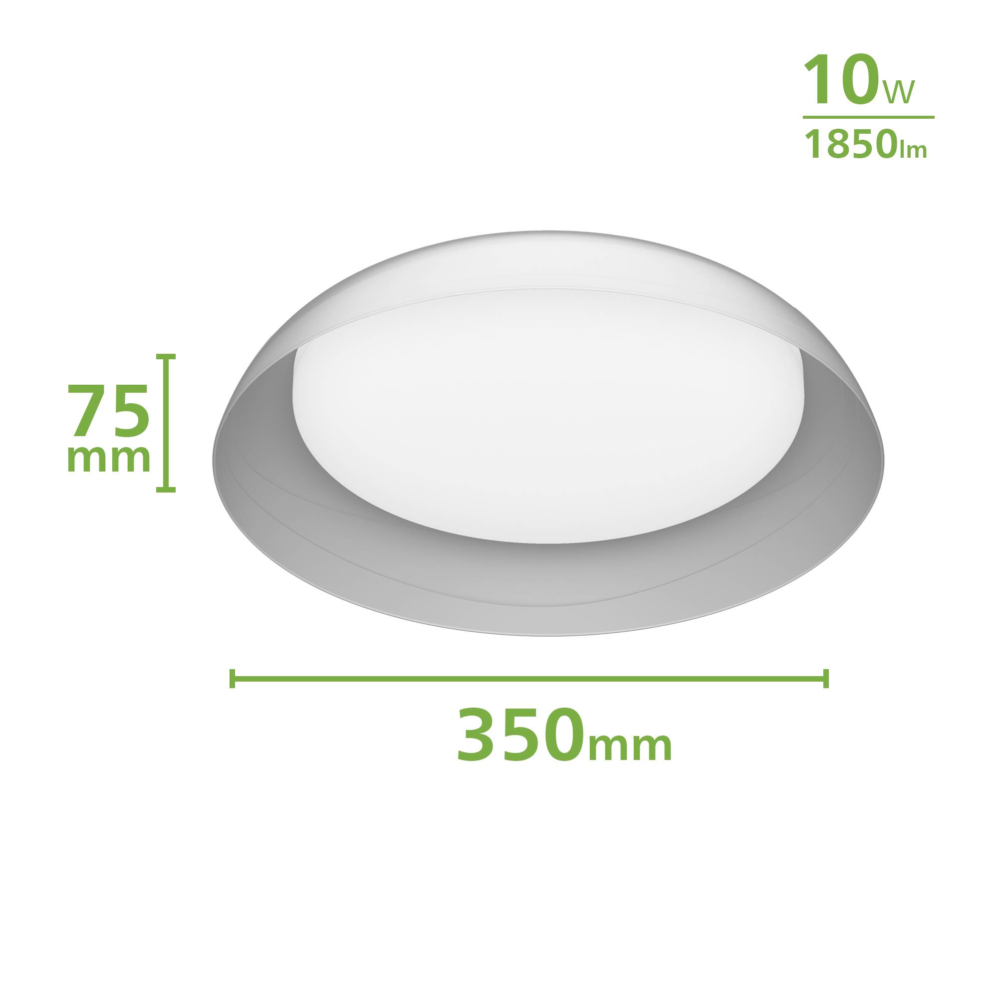 Plafonnier LED rond avec les dimensions suivantes : diamètre 350 mm, hauteur 75 mm, puissance 10 W, luminosité 1850 lumens.