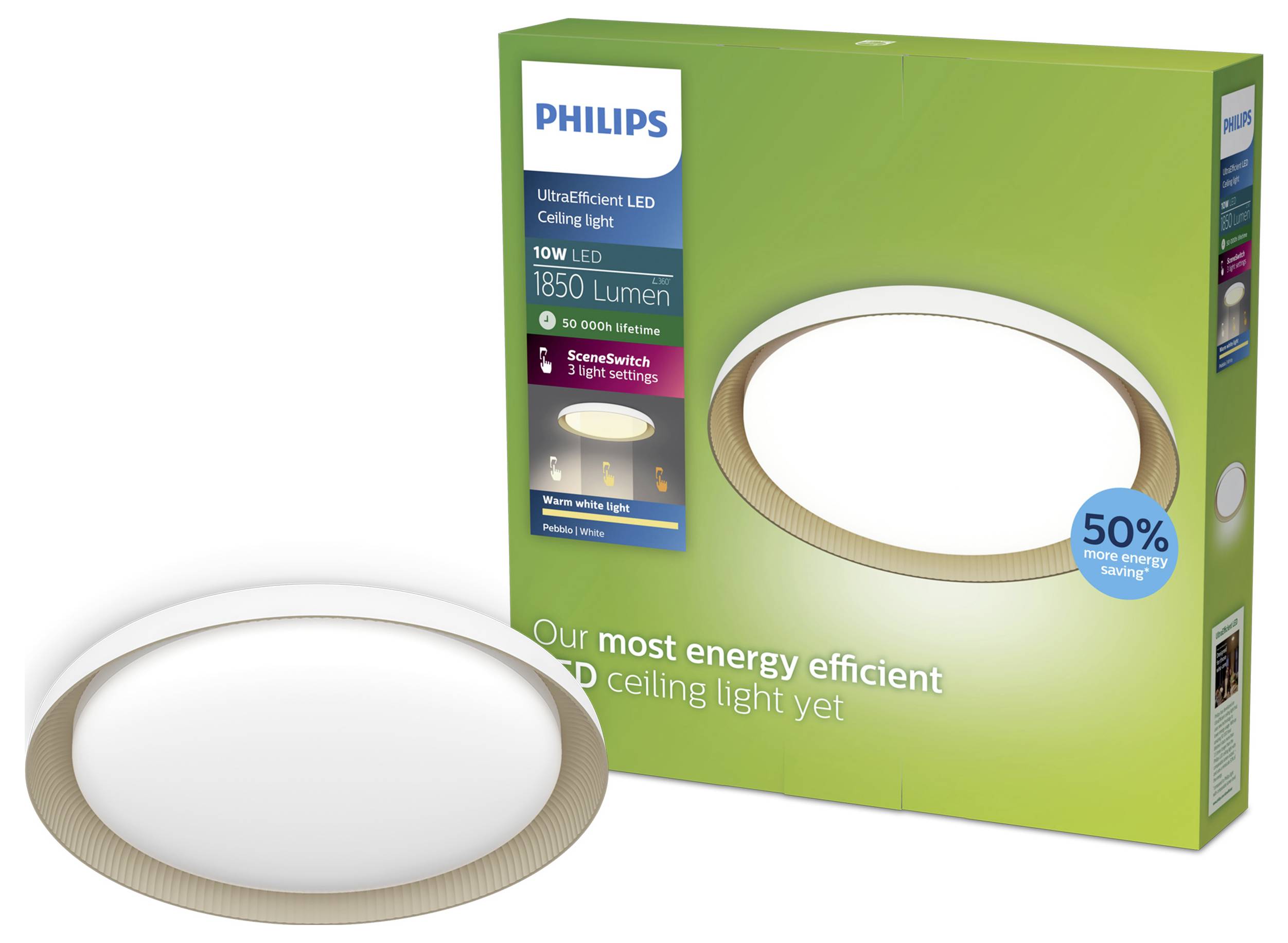 Plafonnier LED Philips UltraEfficient carré et rond en saillie ; l'emballage affiche 10W LED, 1850 lumens et 50% d'économies d'énergie.