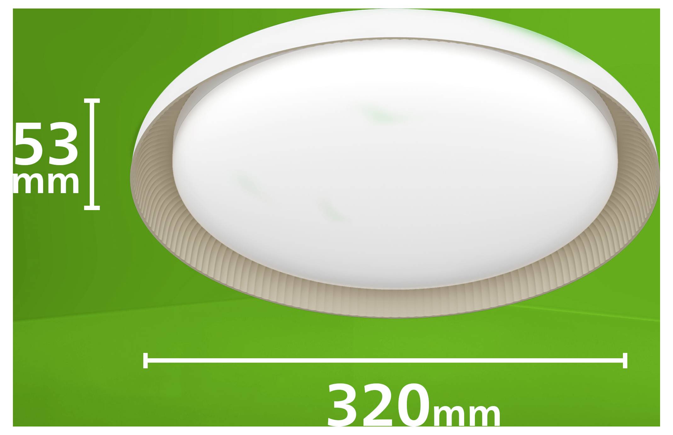 Luminaire de plafond ovale présenté sur fond vert, étiqueté 53 mm de hauteur et 320 mm de largeur.