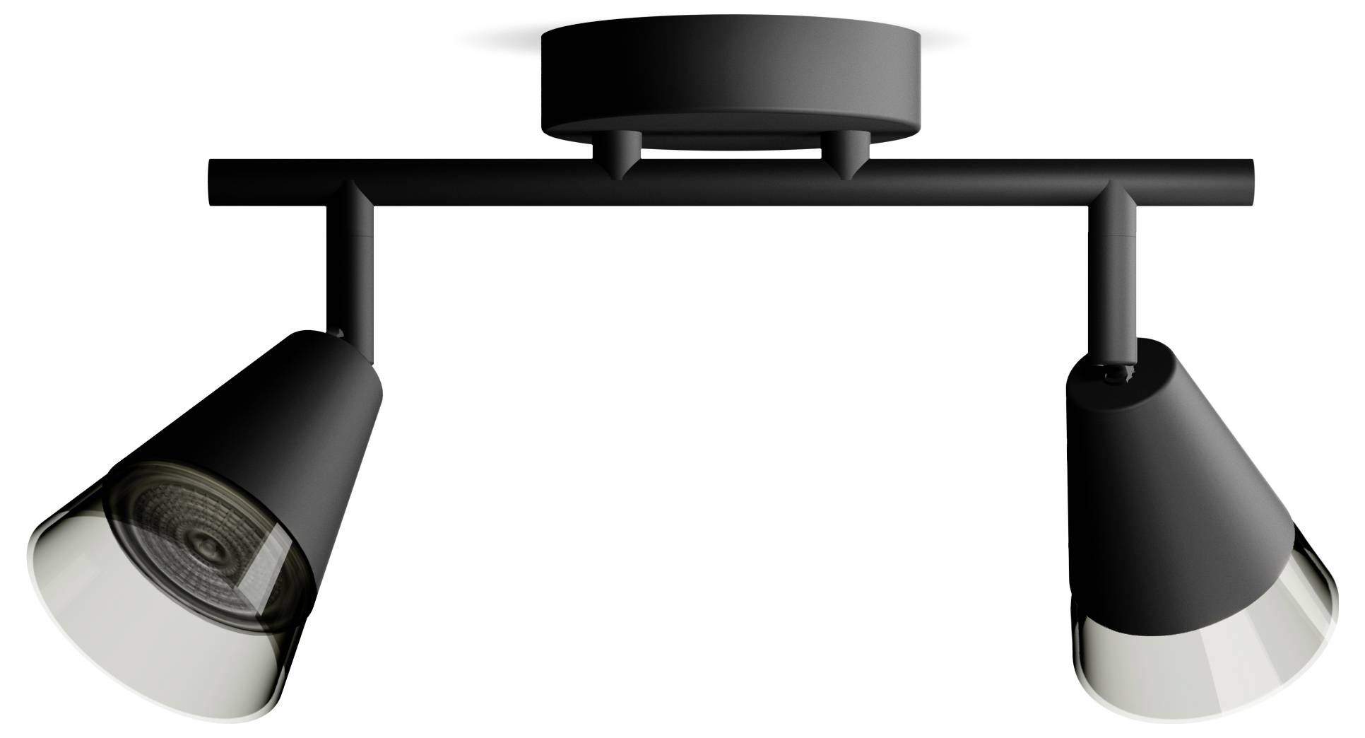 Un luminaire de plafond noir à deux branches avec deux abat-jour coniques réglables. Idéal pour un éclairage directionnel.