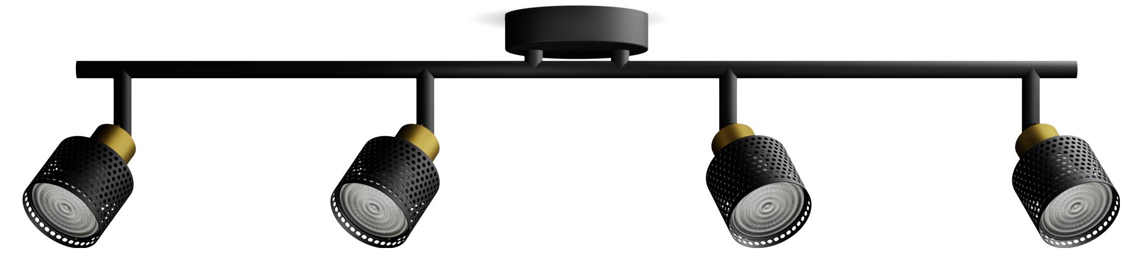 Plafonnier noir avec quatre projecteurs cylindriques réglables, agrémentés d'accents dorés. Idéal pour un éclairage directionnel.