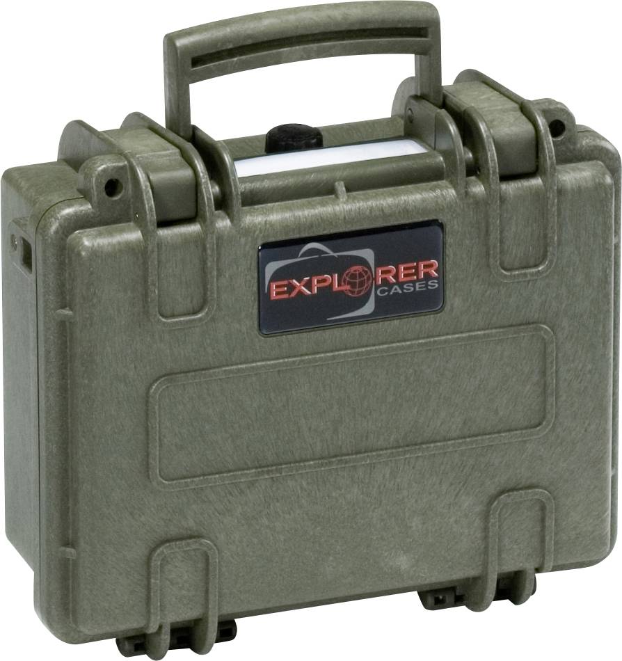 Valise vert olive étanche et robuste, dotée d'une poignée de transport et d'un autocollant 'Explorer Cases'. Adaptée au transport sécurisé d'équipements.