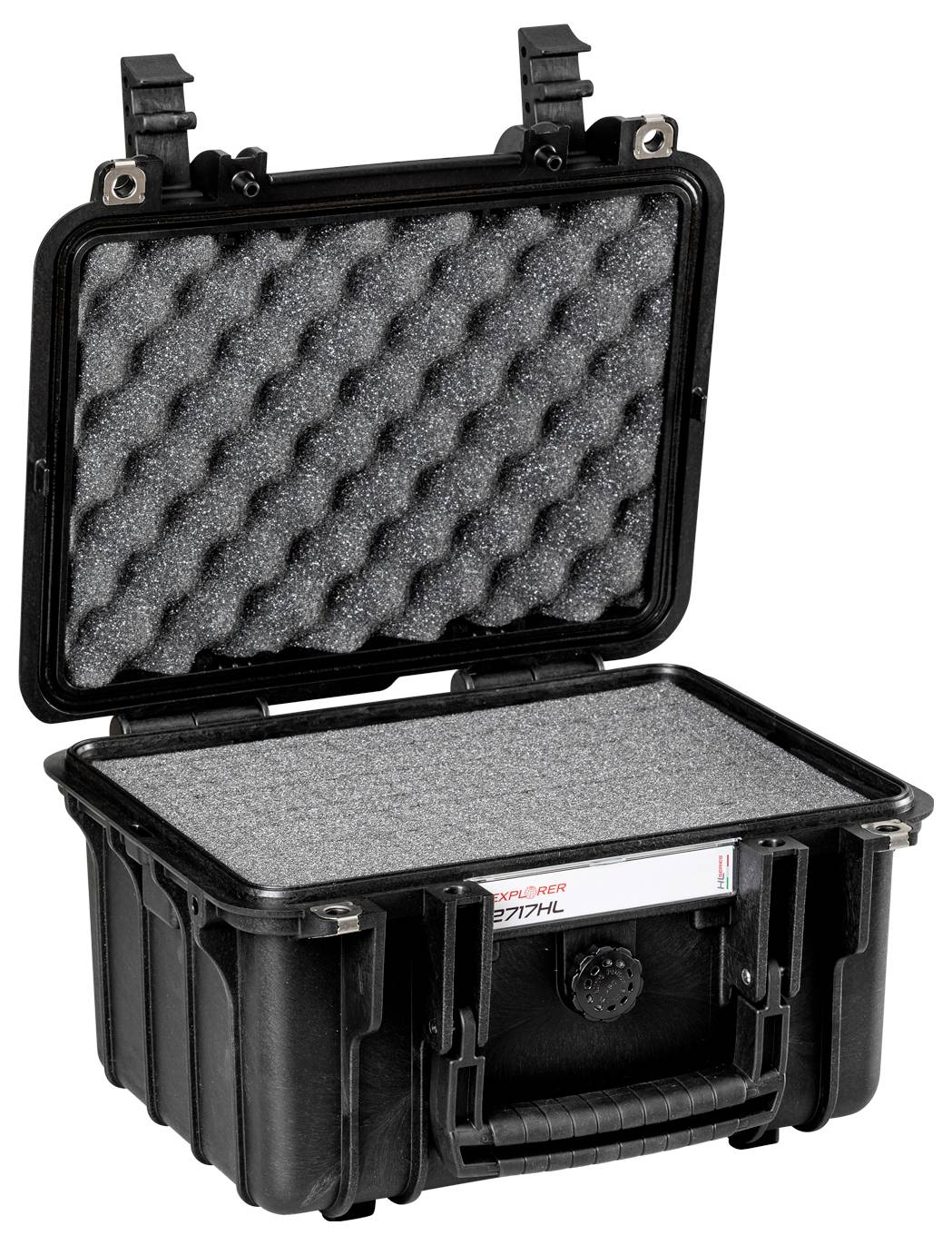 Valise rigide noire, ouverte, avec rembourrage en mousse à l'intérieur. La valise est dotée d'une poignée solide et d'une conception robuste.