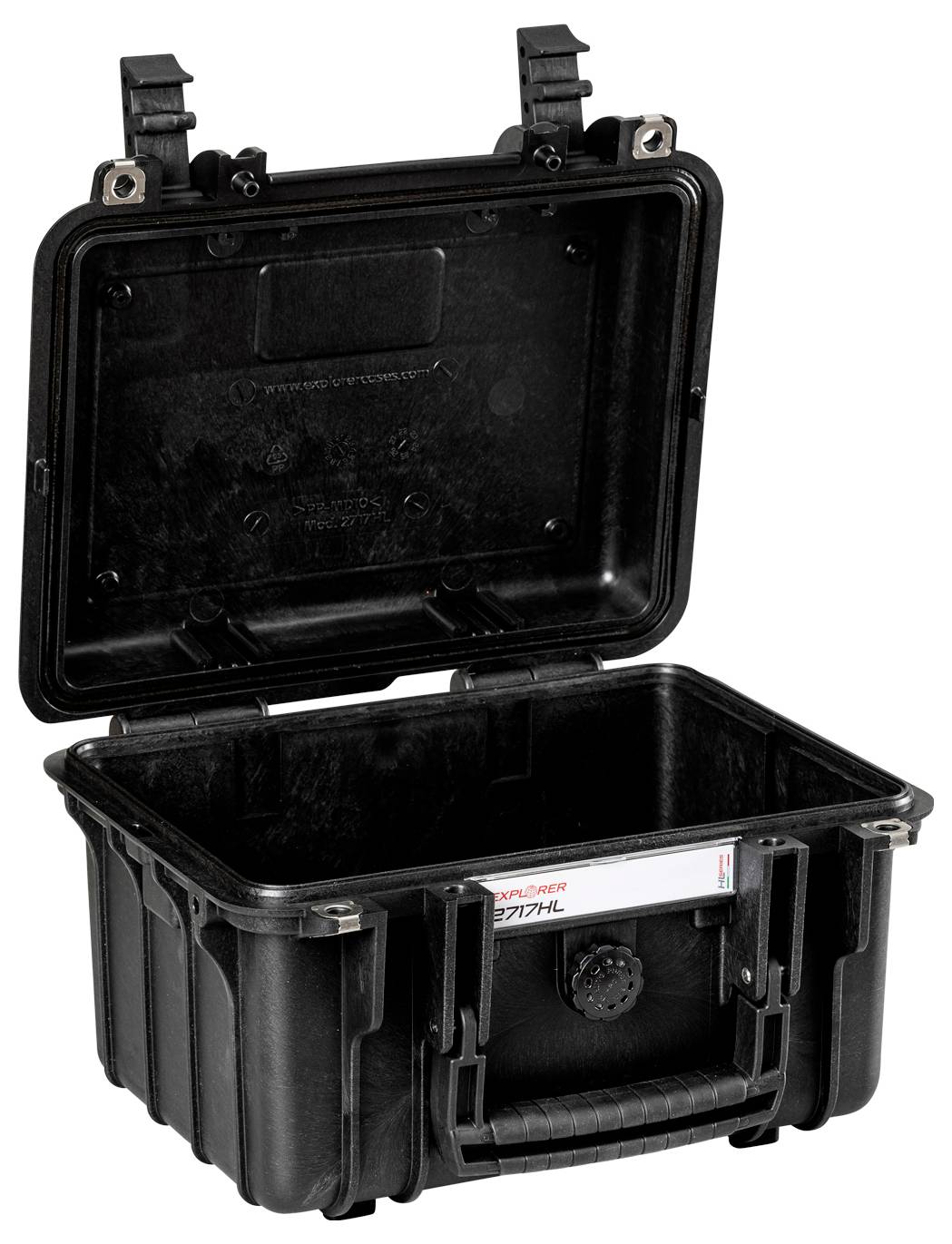 Valise rigide noire ouverte avec fermoirs et poignée, adaptée au transport sécurisé d'objets fragiles.