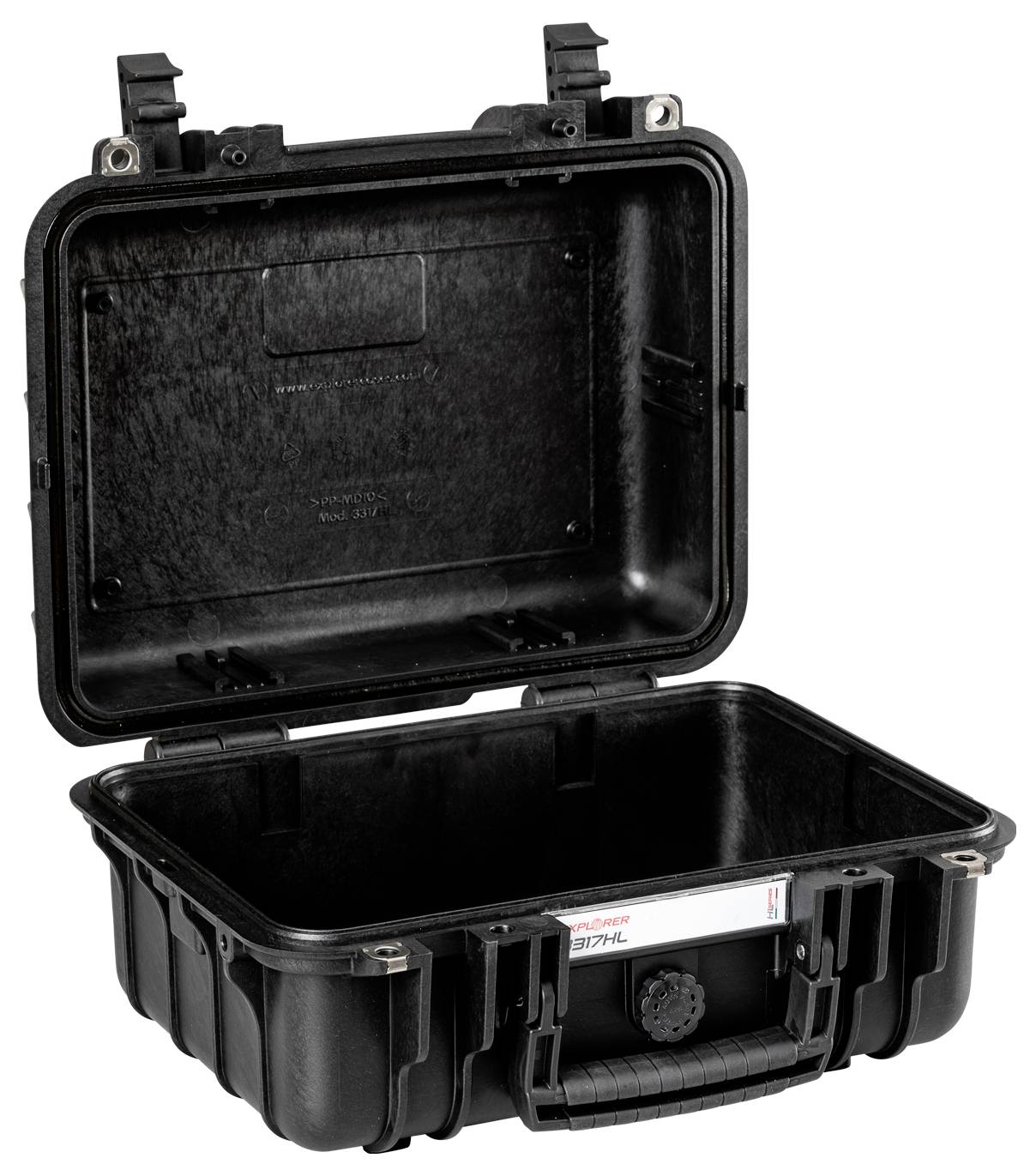 Valise rigide noire ouverte, vide, avec des coins renforcés et une poignée, adaptée au transport sécurisé d'objets fragiles.