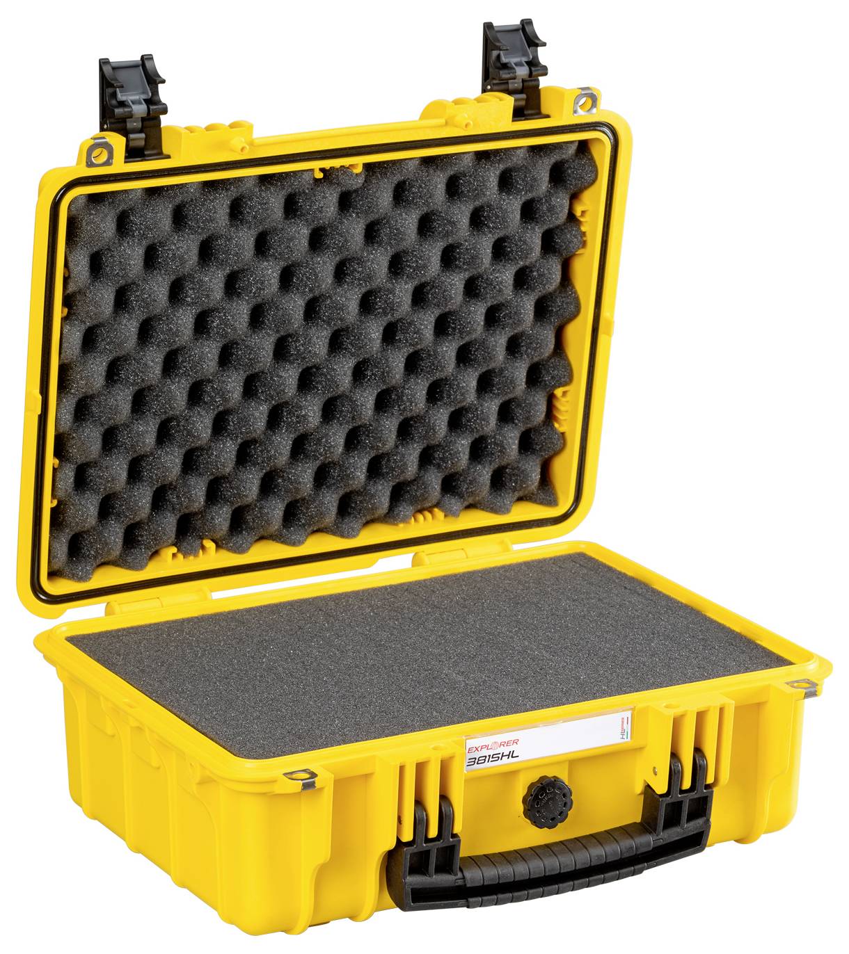 Valise rigide jaune avec intérieur tapissé de mousse, conçue pour le transport en toute sécurité d'objets fragiles.