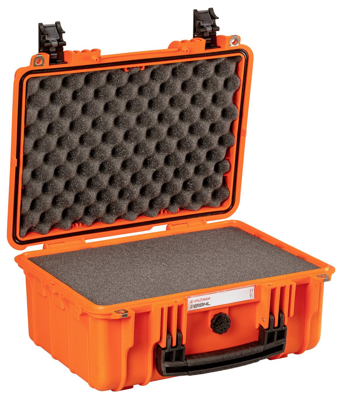 Un étui de protection orange ouvert, avec un rembourrage en mousse à l'intérieur.