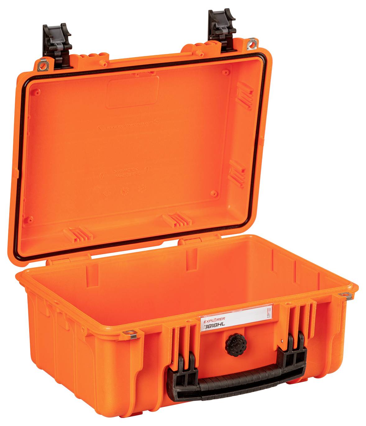 Valise de protection orange avec poignée noire, ouverte, adaptée au transport et à la protection d'équipements sensibles.